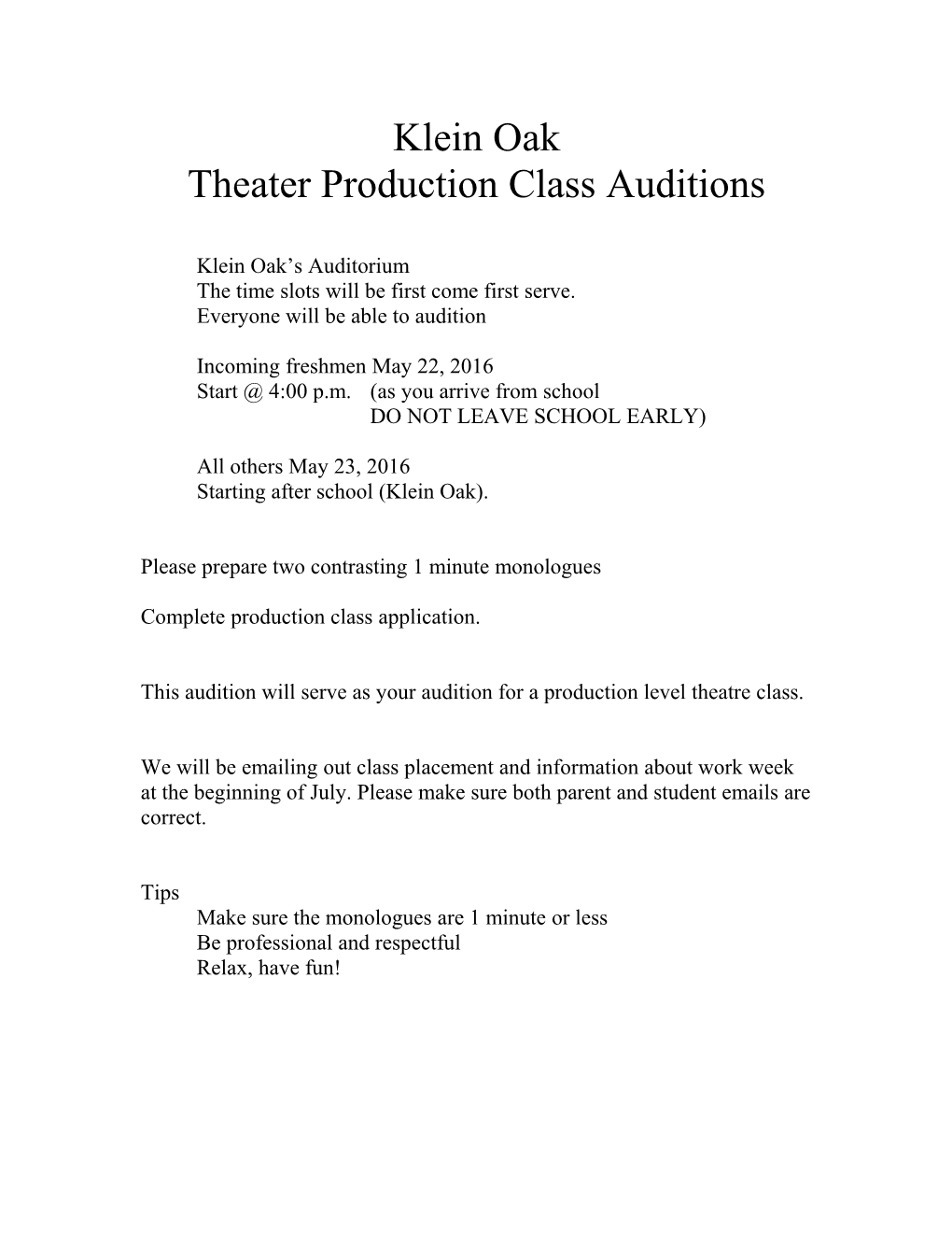 Theater Production Class Auditions