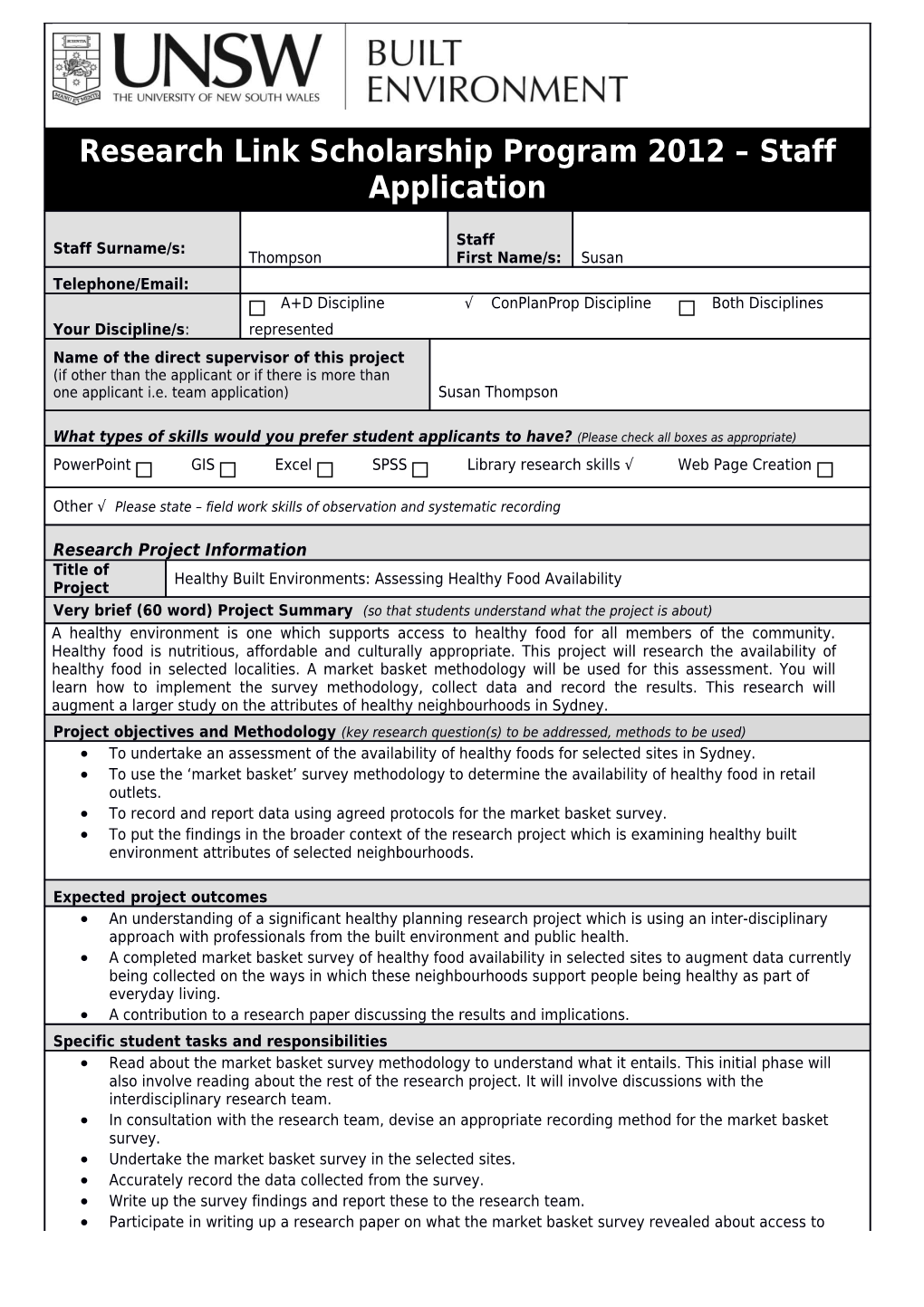 To Undertake an Assessment of the Availability of Healthy Foods for Selected Sites in Sydney