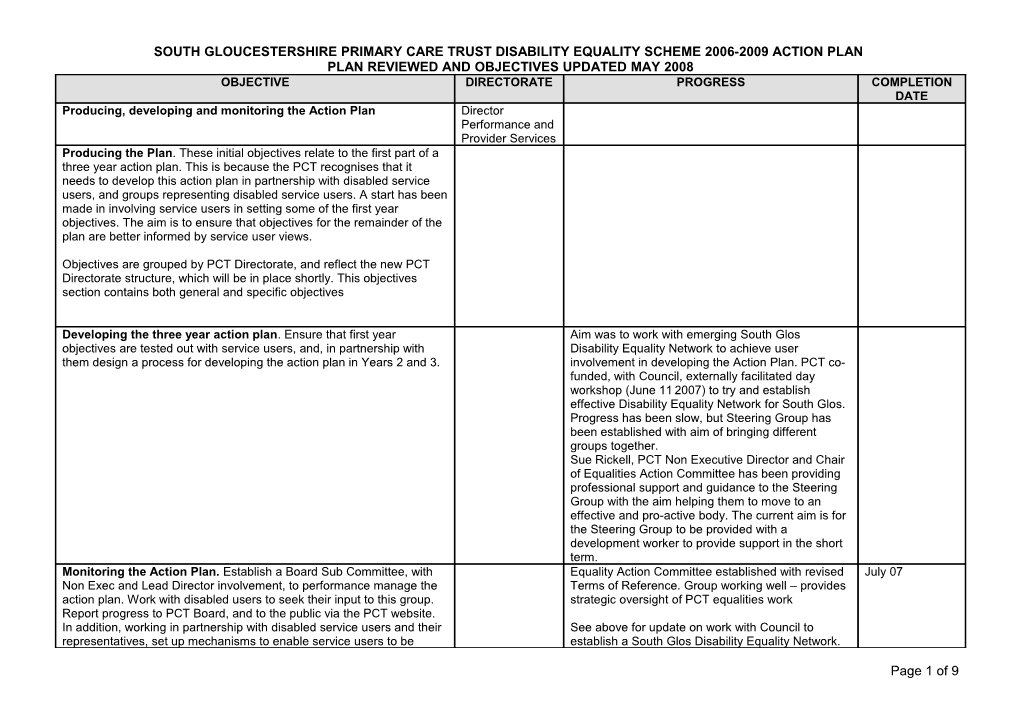 South Gloucestershire Primary Care Trust Disability Equality Scheme 2006-2009 Action Plan