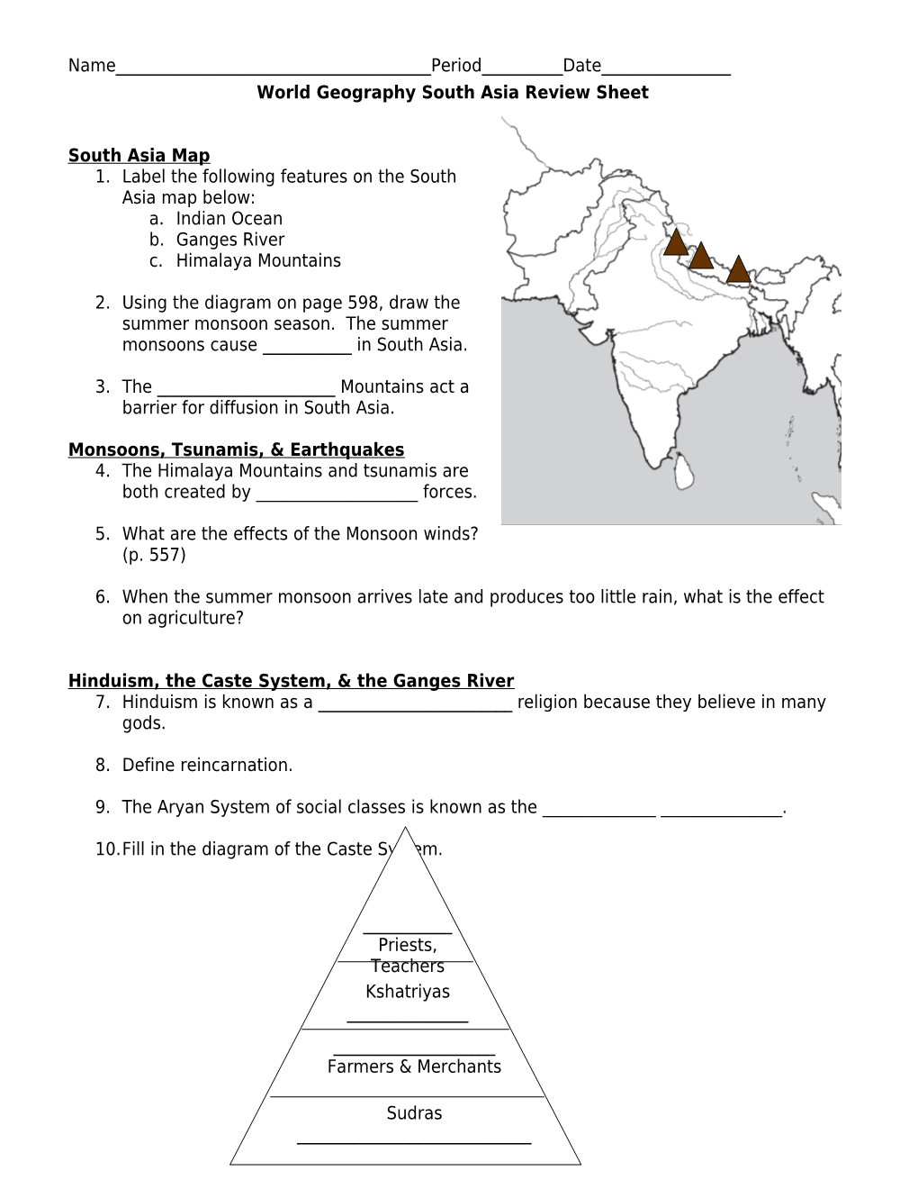 World Geography South Asia Review Sheet