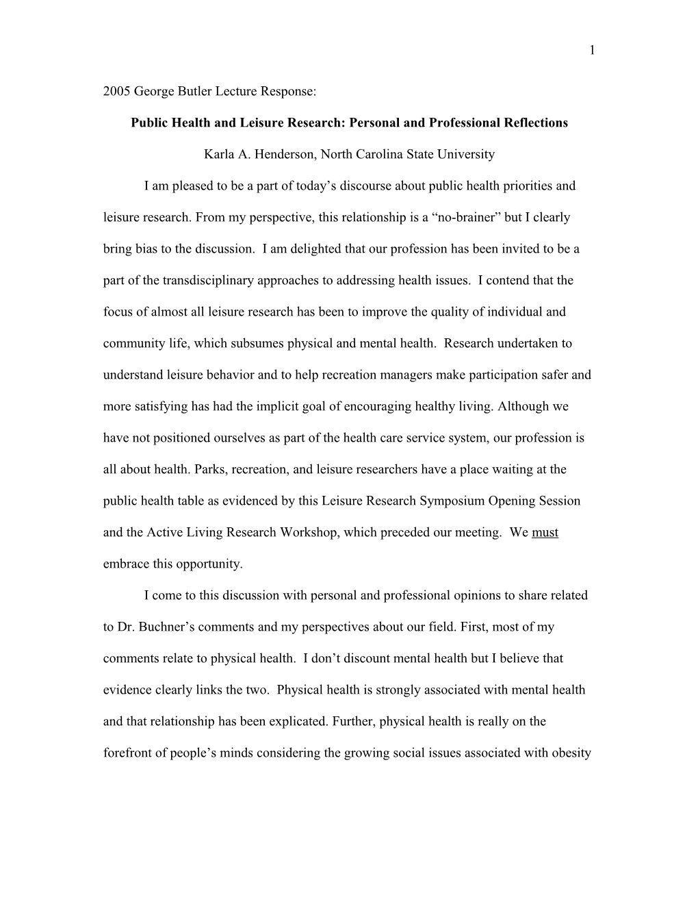 Public Health and Leisure Research: Personal and Professional Reflections