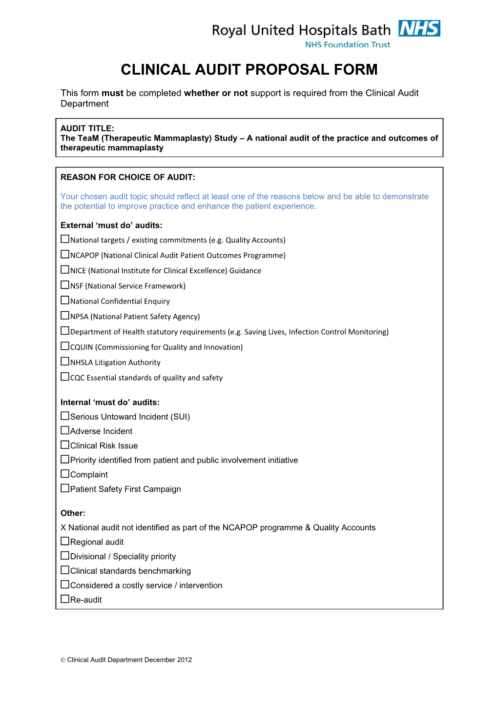 Clinical Audit Proposal Form