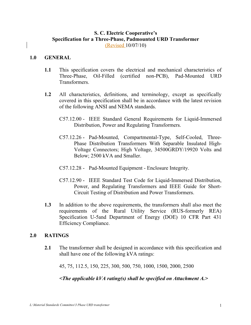 Specification for a Three-Phase, Padmounted URD Transformer