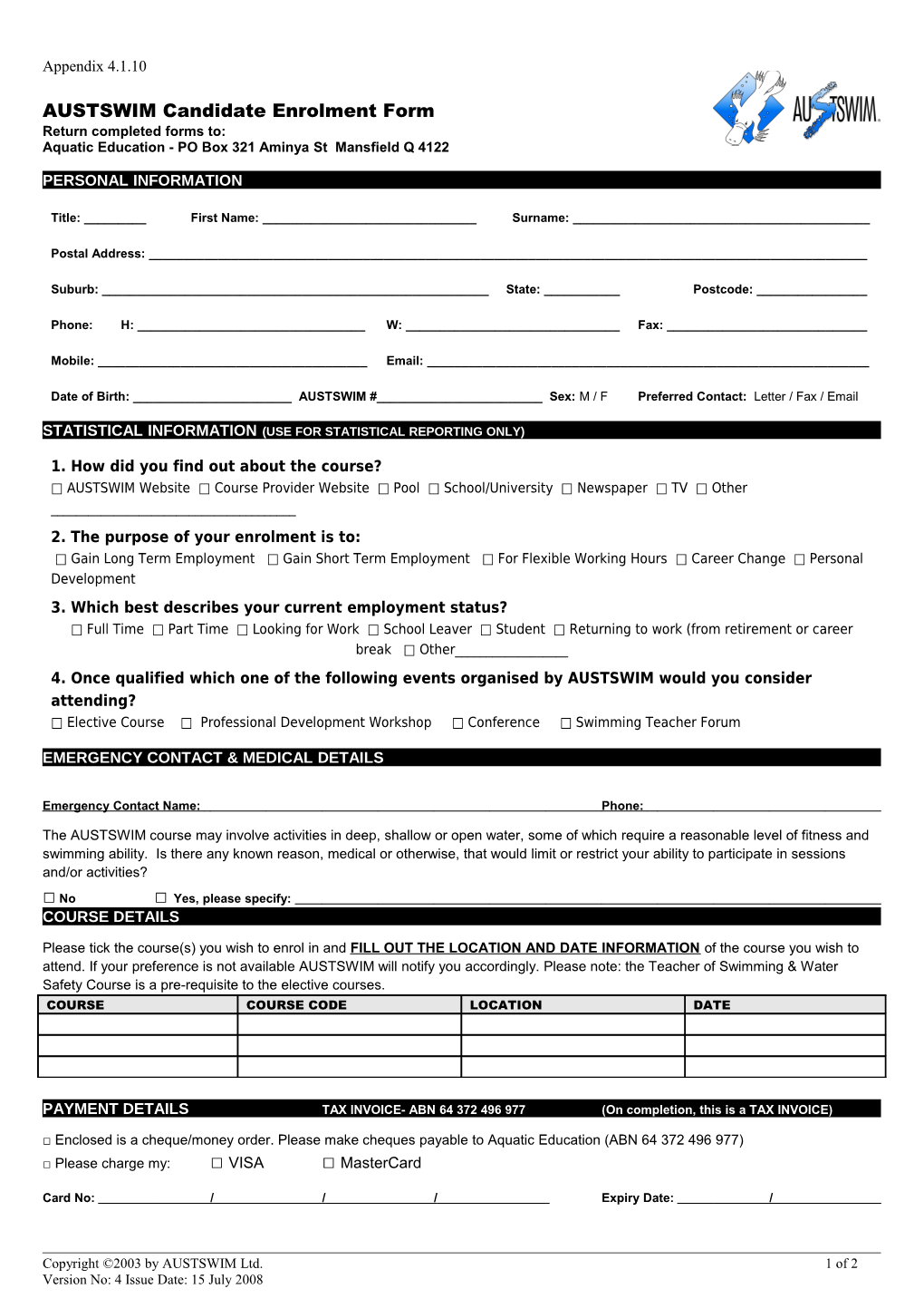 AUSTSWIM Candidate Enrolment Form