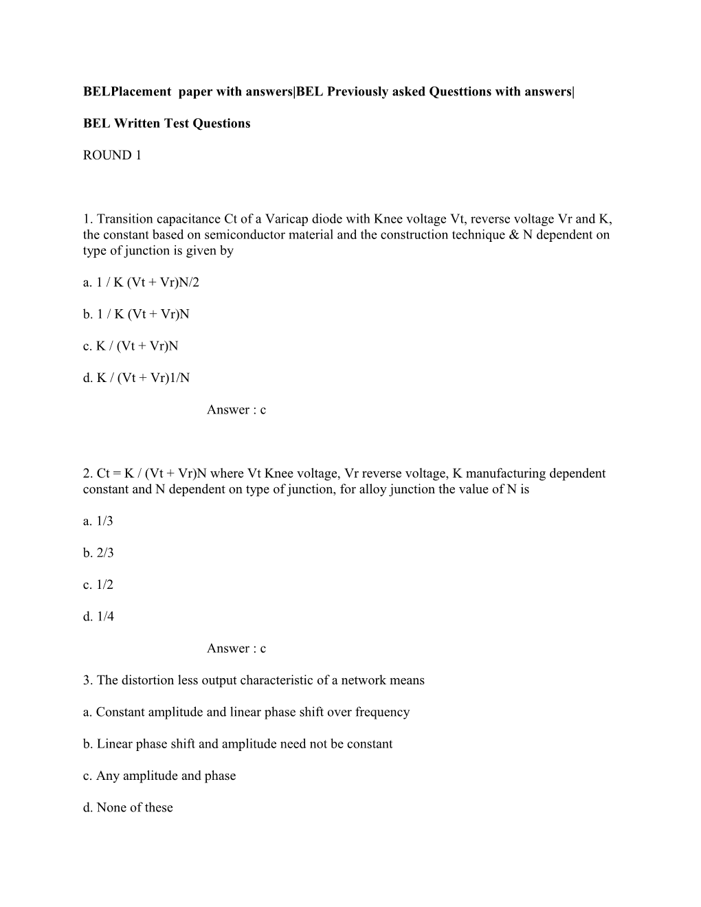 Belplacement Paper with Answers BEL Previously Asked Questtions with Answers