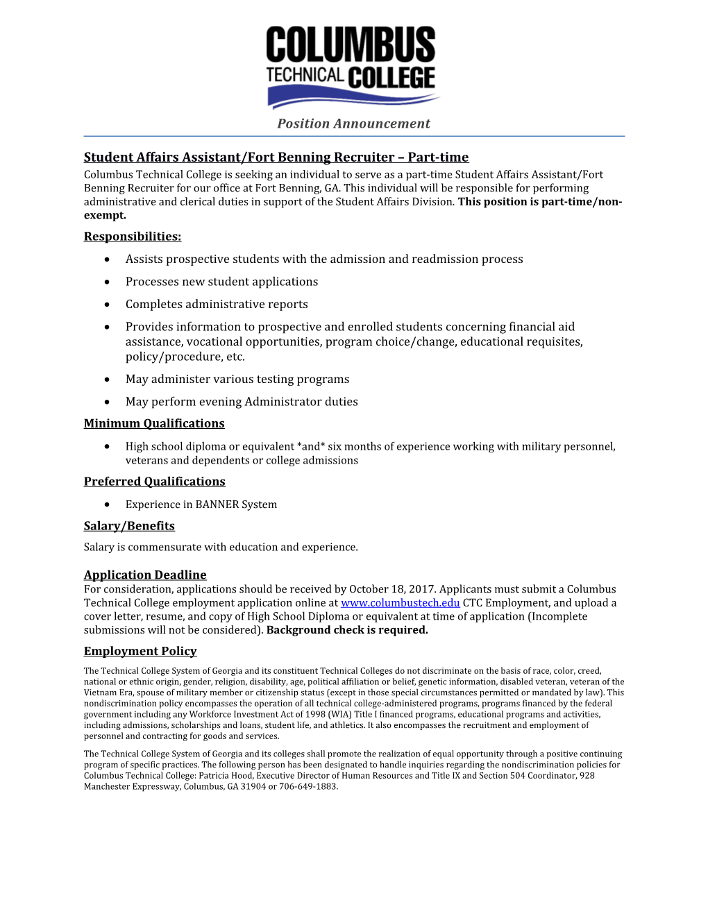 Student Affairs Assistant/Fort Benning Recruiter Part-Time