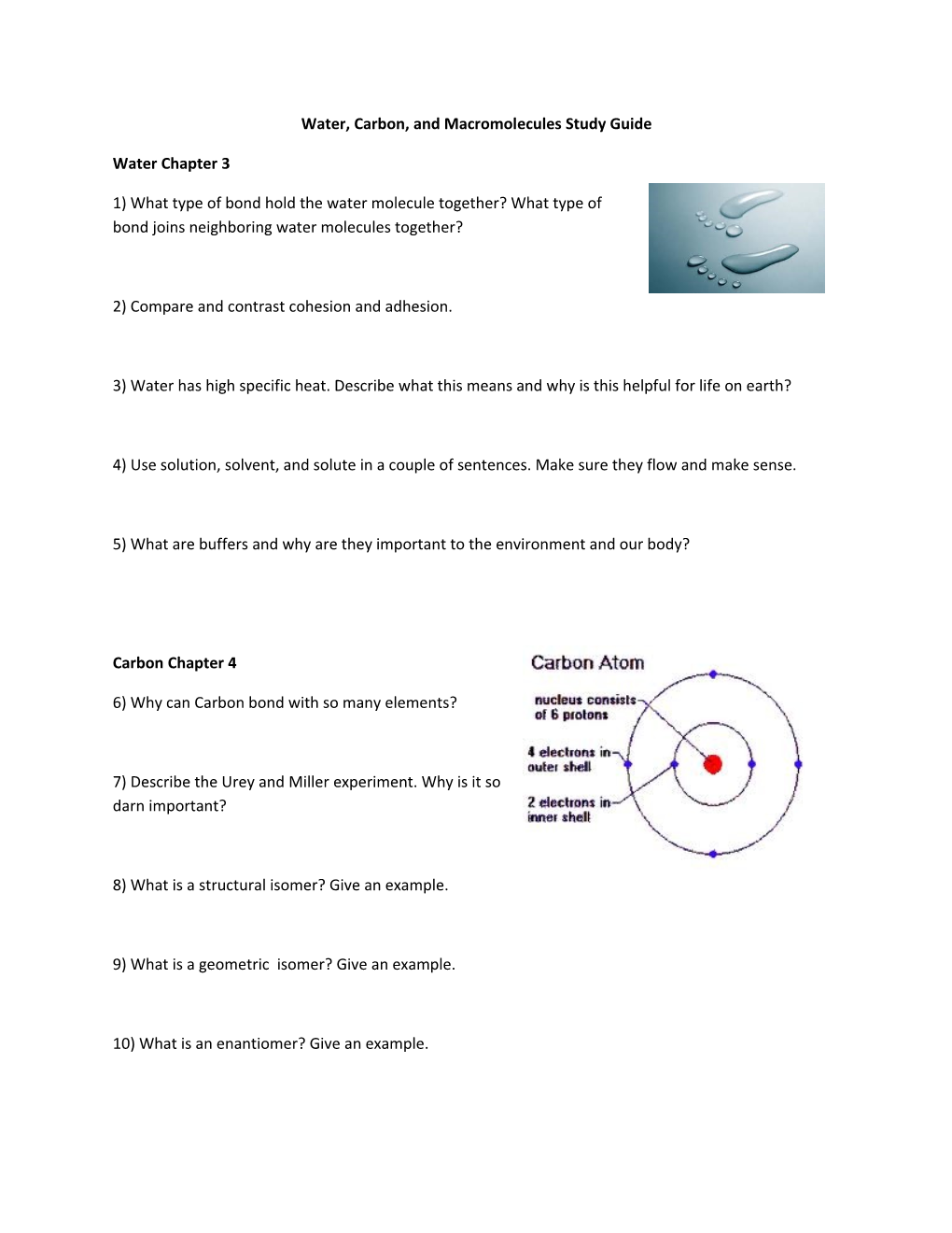 Water, Carbon, and Macromolecules Study Guide