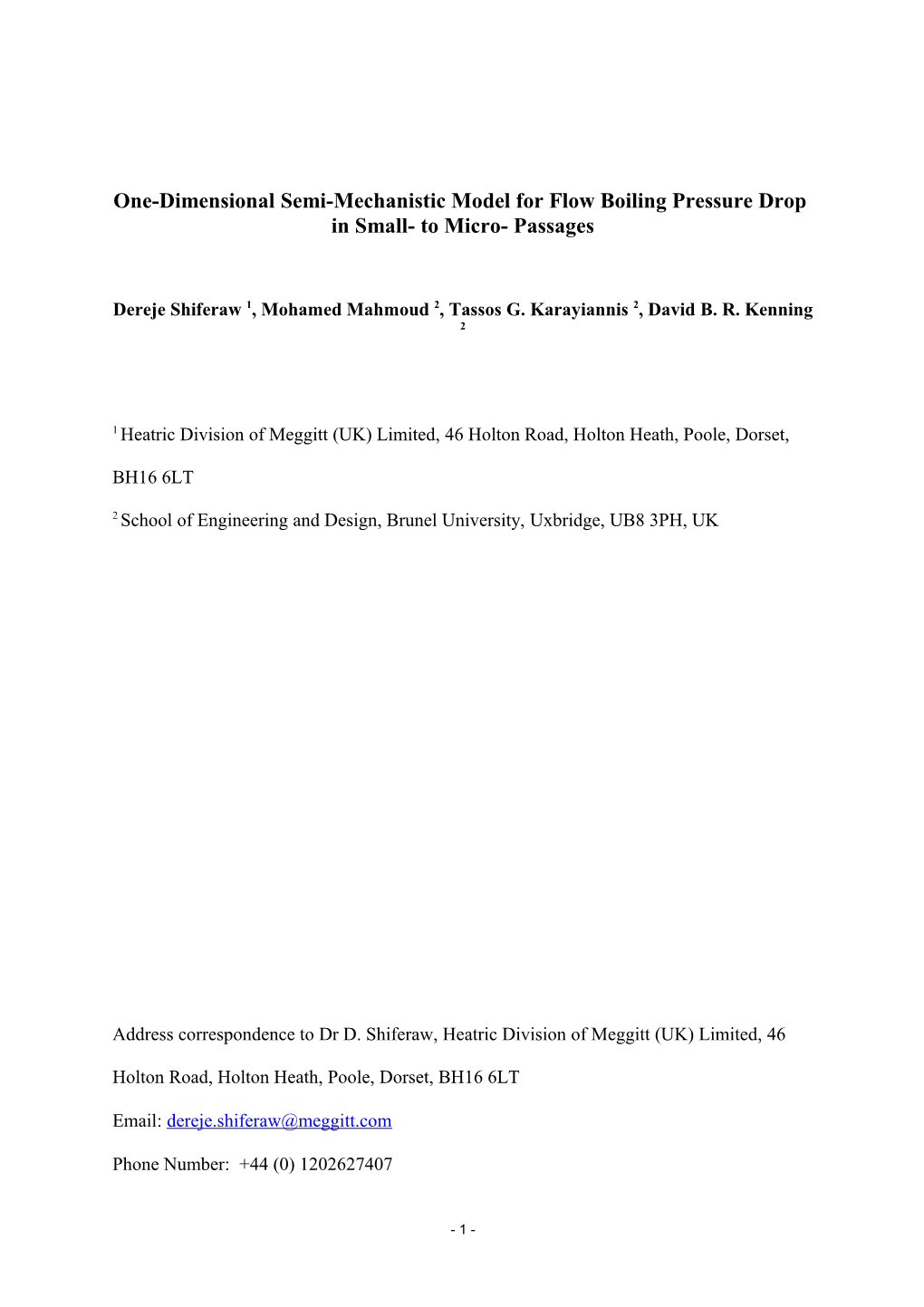 One-Dimensional Semi-Mechanistic Model for Flow Boiling Pressure Drop