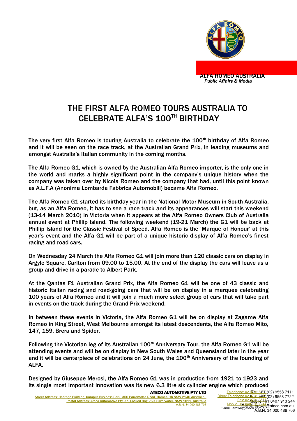 The First Alfa Romeo Tours Australia to Celebrate Alfa S 100Th Birthday