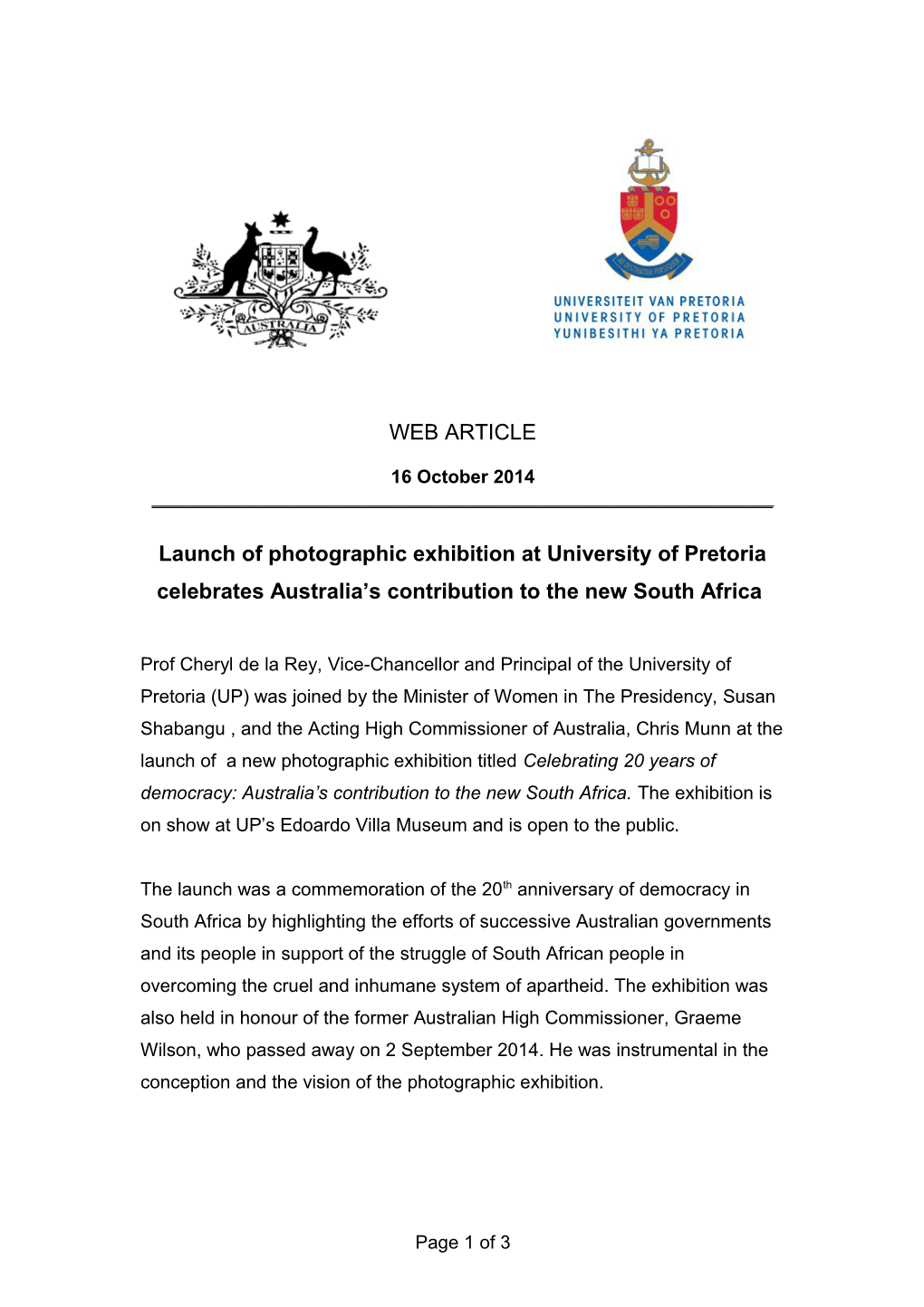 Launch of Photographic Exhibition at University of Pretoria Celebrates Australia S Contribution