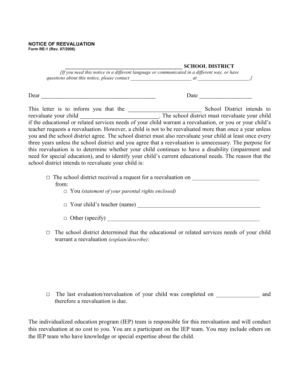 Sample Special Education Forms: RE-1