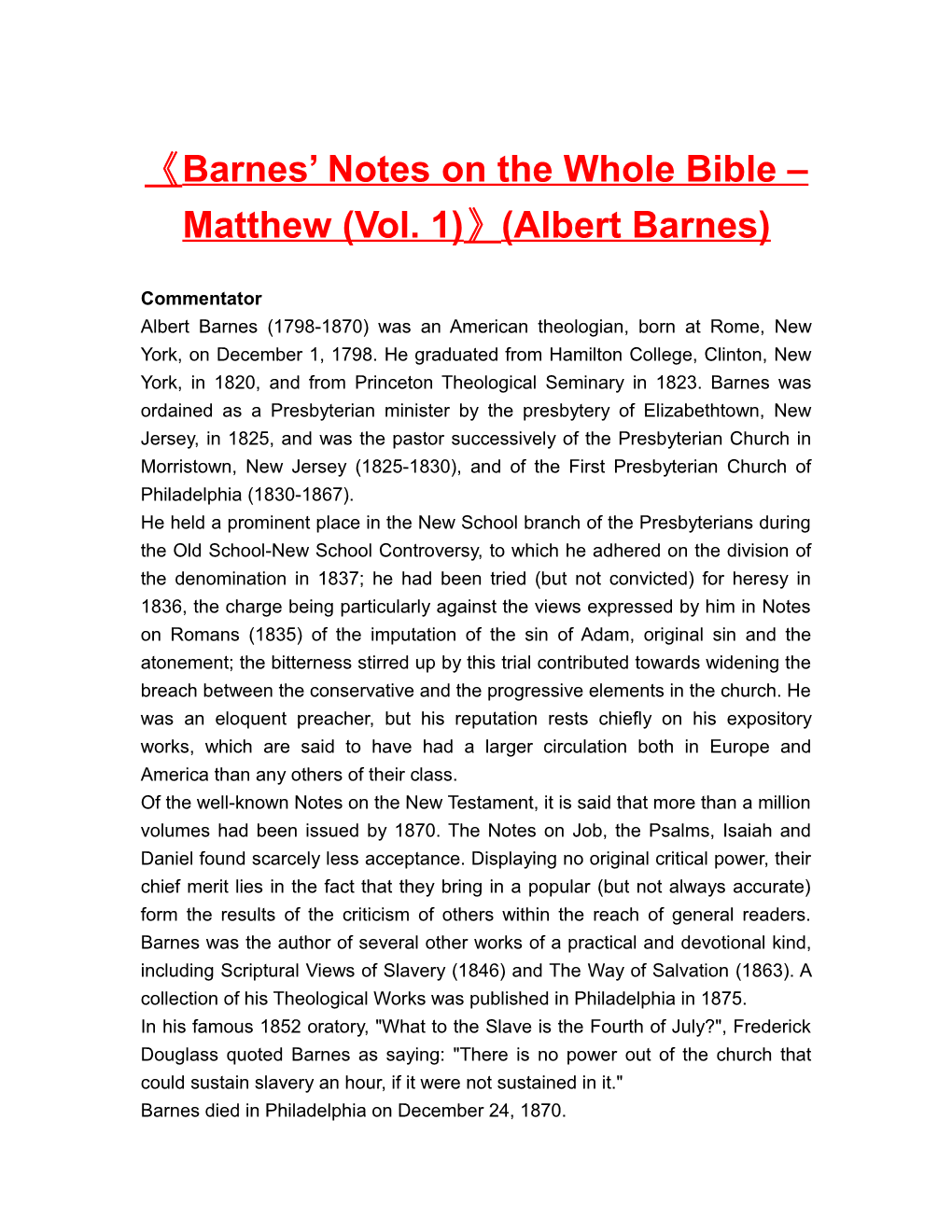 Barnes Notes on the Whole Bible Matthew (Vol. 1) (Albert Barnes)