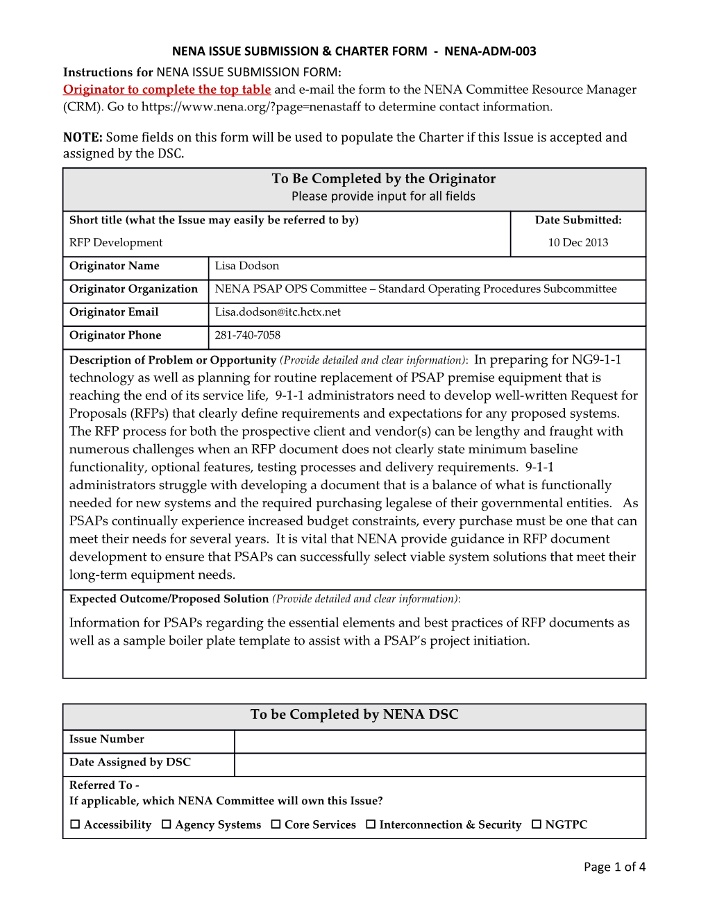 Nena Issue Submission & Charter Form - Nena-Adm-003
