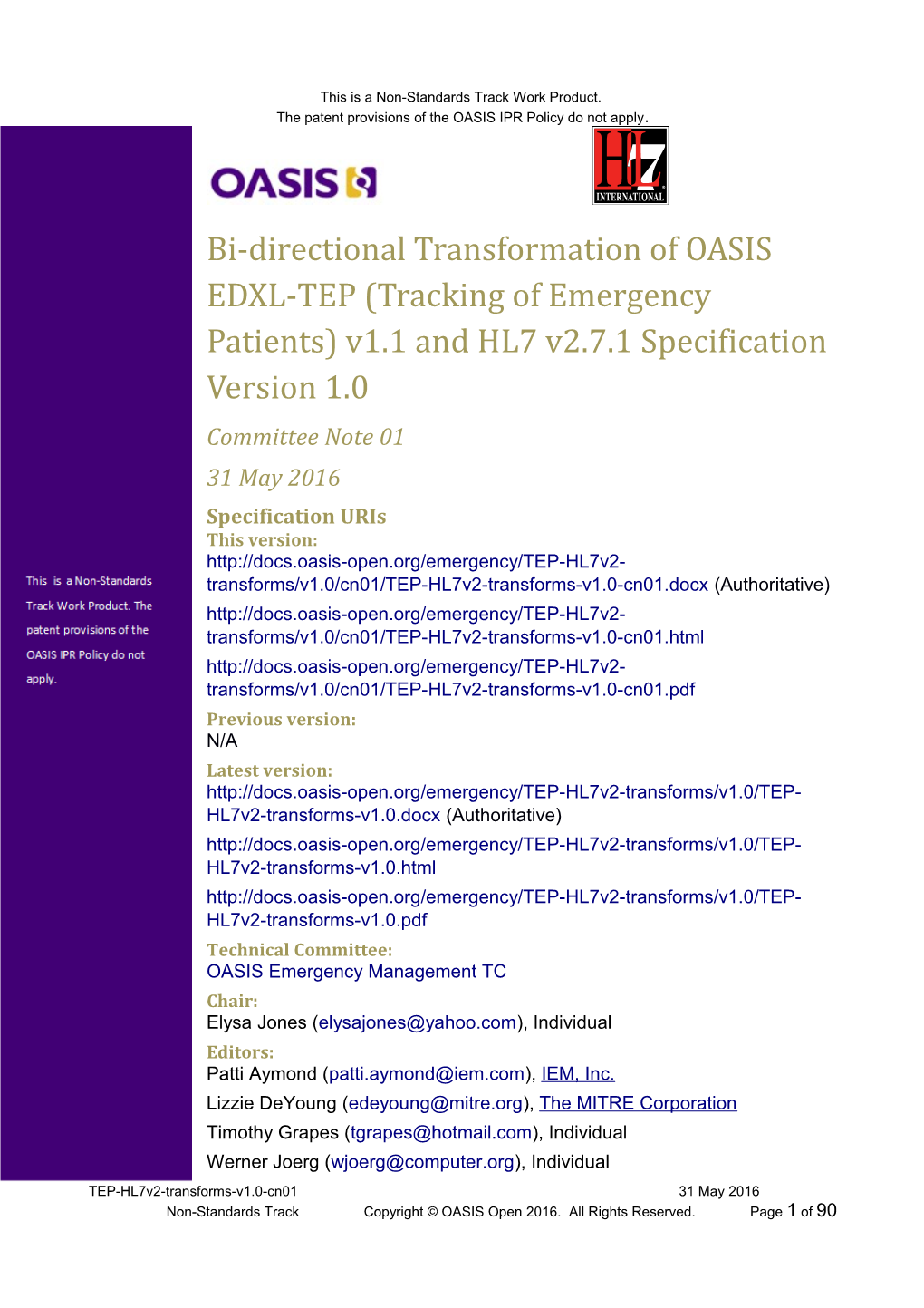 Bi-Directional Transformation of OASIS EDXL-TEP (Tracking of Emergency Patients) V1.1 And