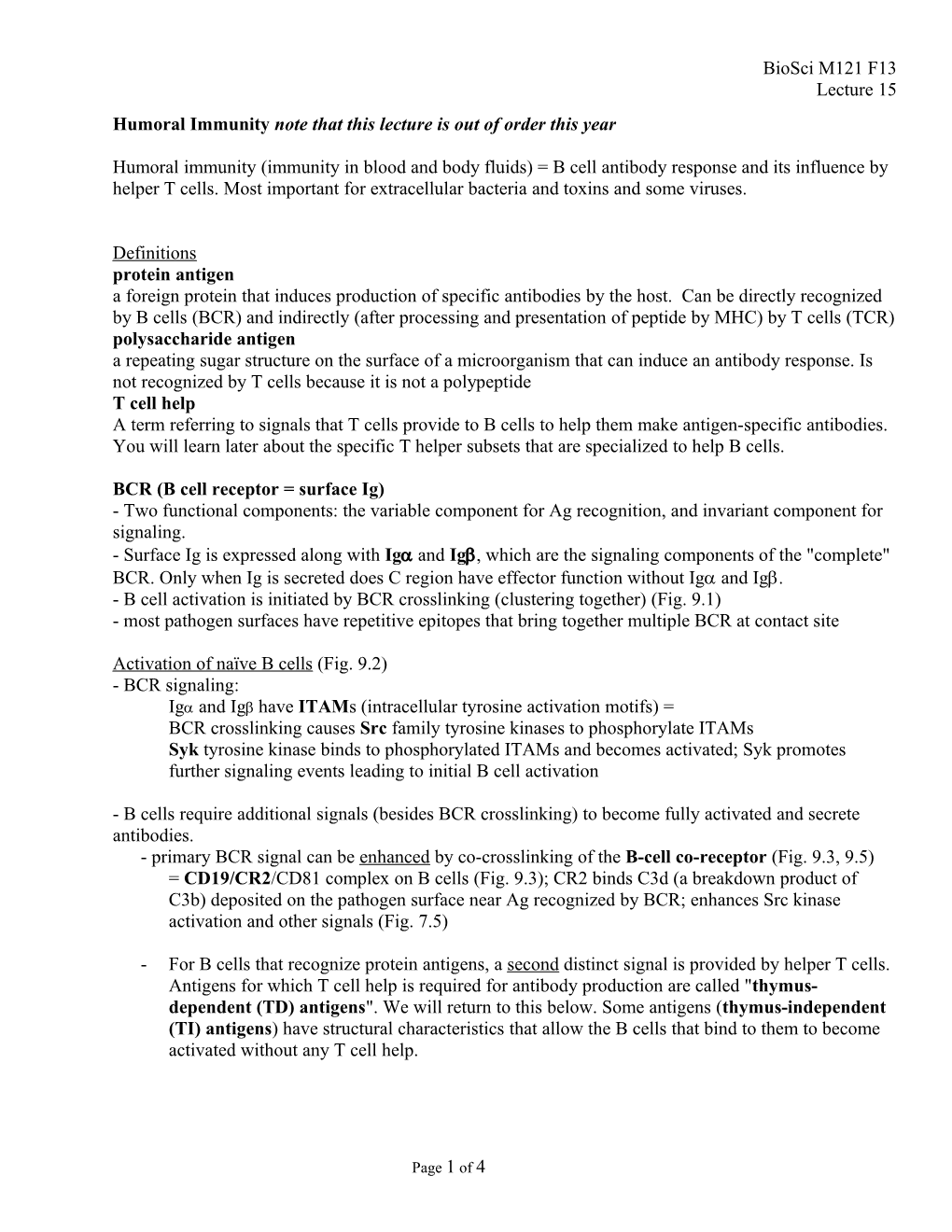 Humoral Immunity Note That This Lecture Is out of Order This Year