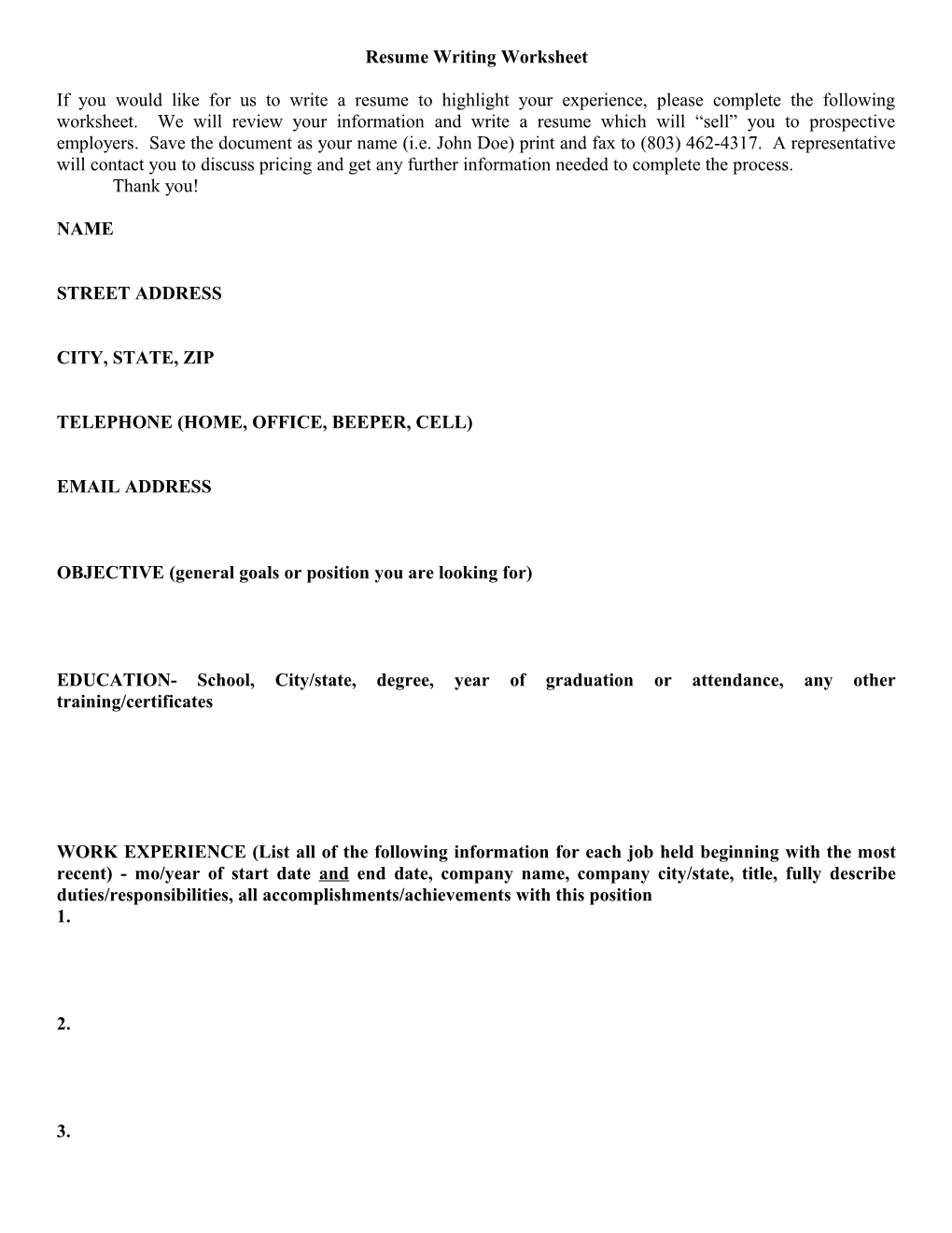 Resume Writing Worksheet