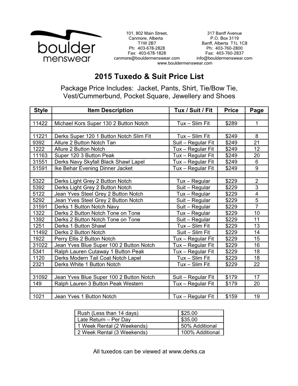 2015 Tuxedo & Suit Price List