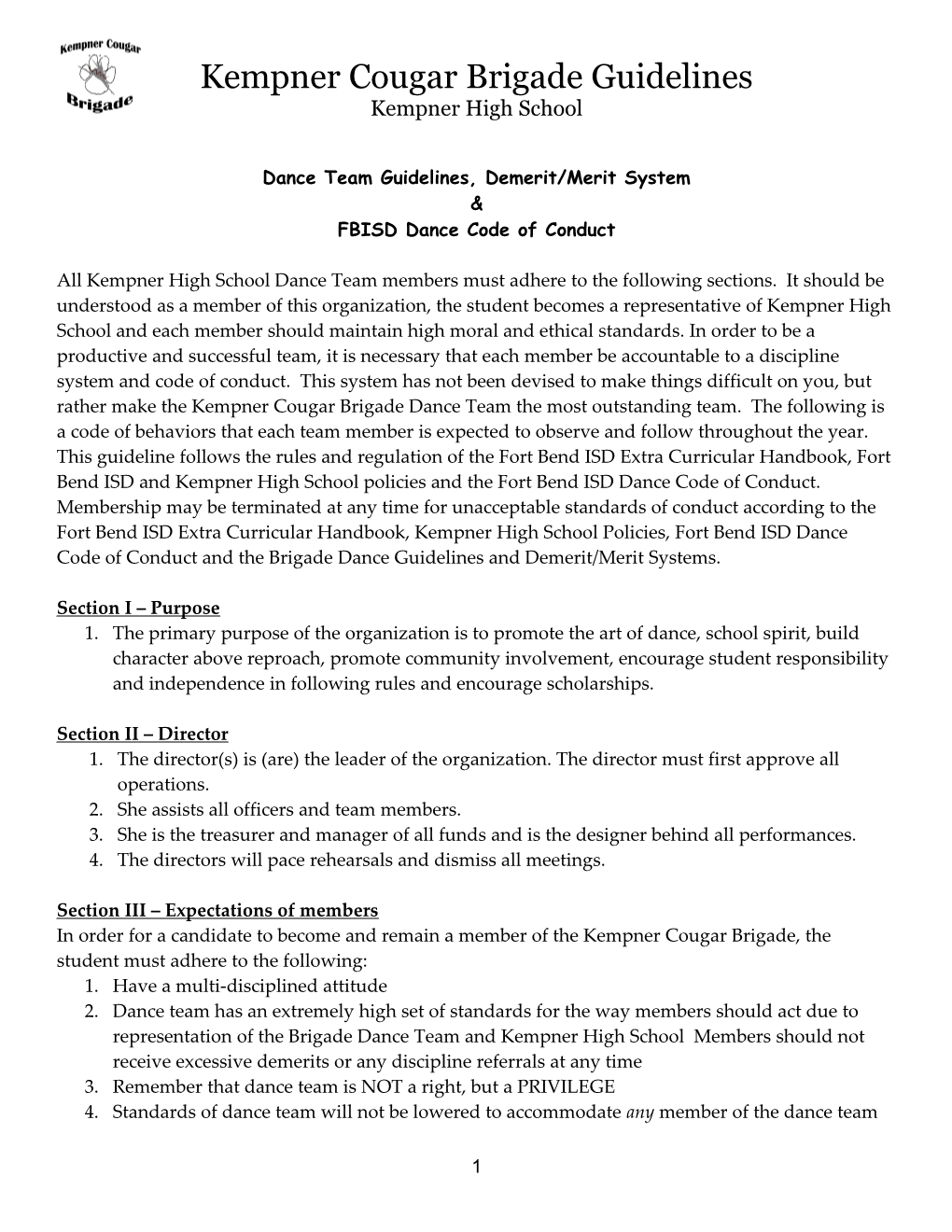 Dance Team Guidelines, Demerit/Merit System