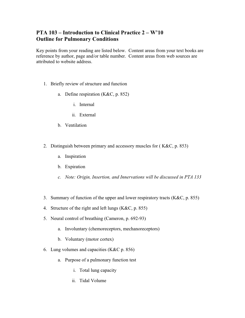 Outline for Pulmonary Conditions