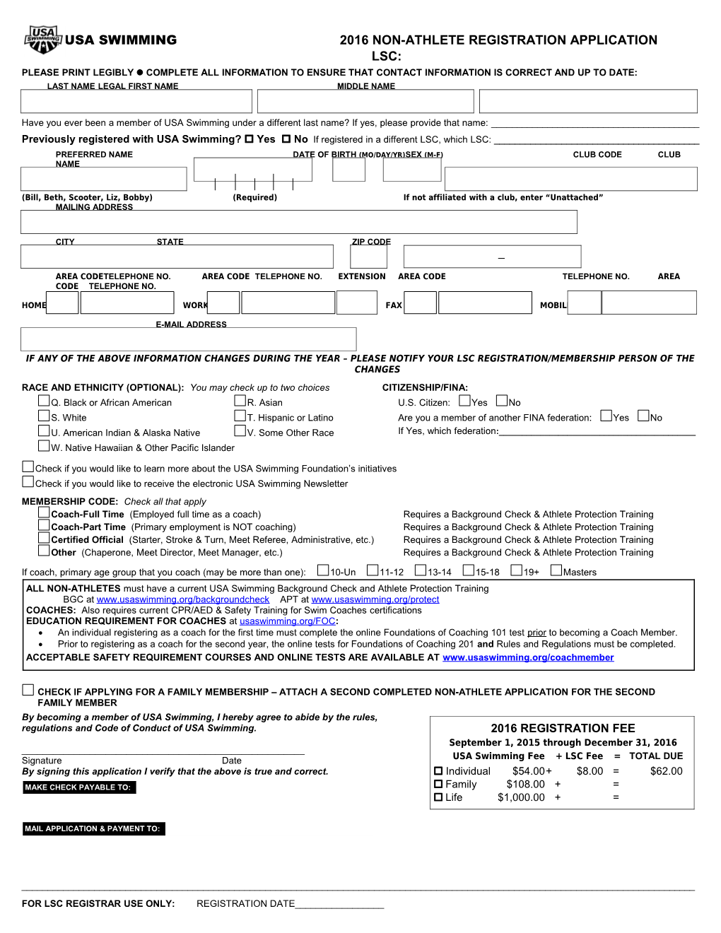 Usa Swimming2016 Non-Athlete Registration Application