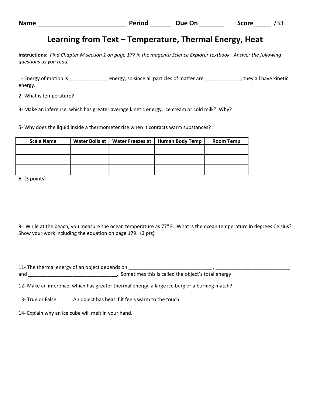 Learning from Text Temperature, Thermal Energy, Heat