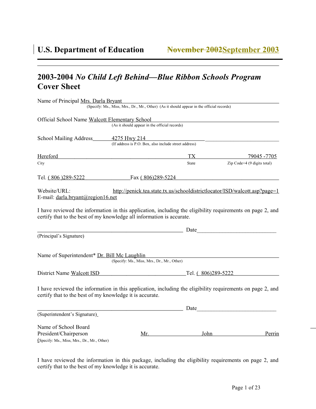 Walcott Elementary School 2004 No Child Left Behind-Blue Ribbon School Application (Msword)