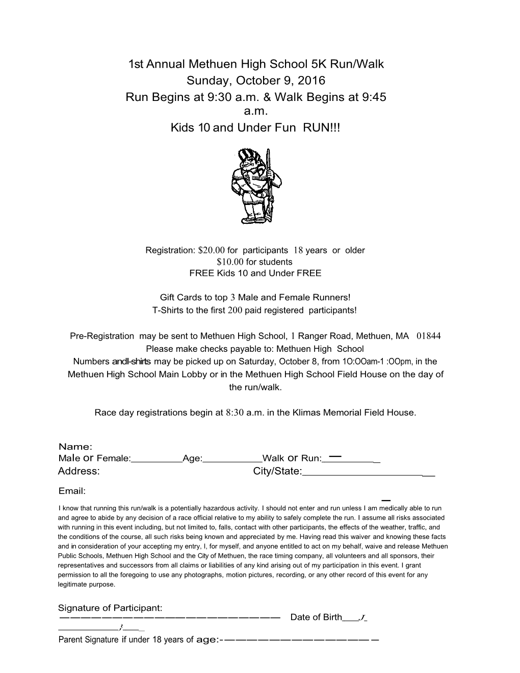 1St Annual Methuen High School 5K Run/Walk Sunday, October 9, 2016