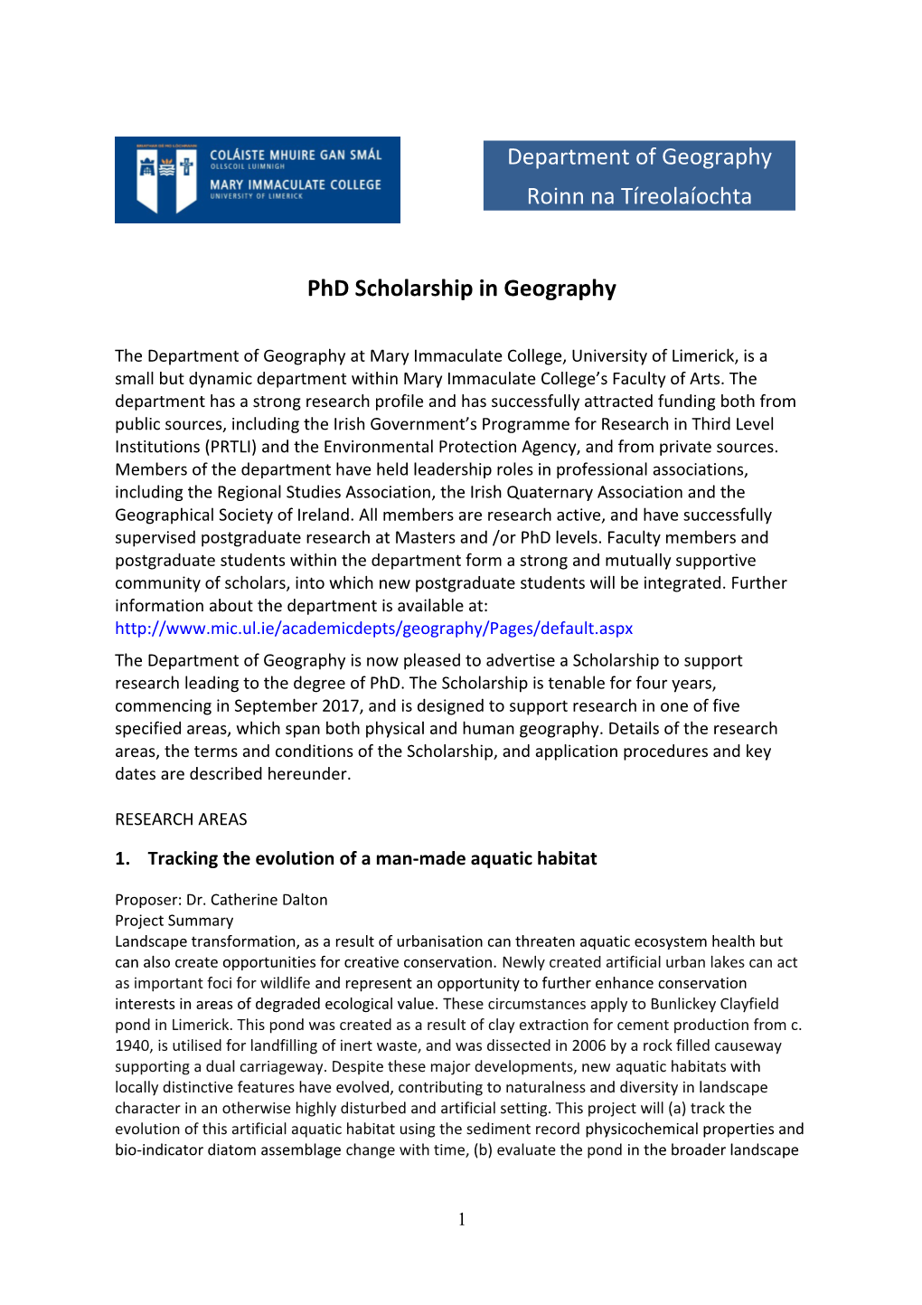 MIC Geography Phd Scholarship 2017 Application Form