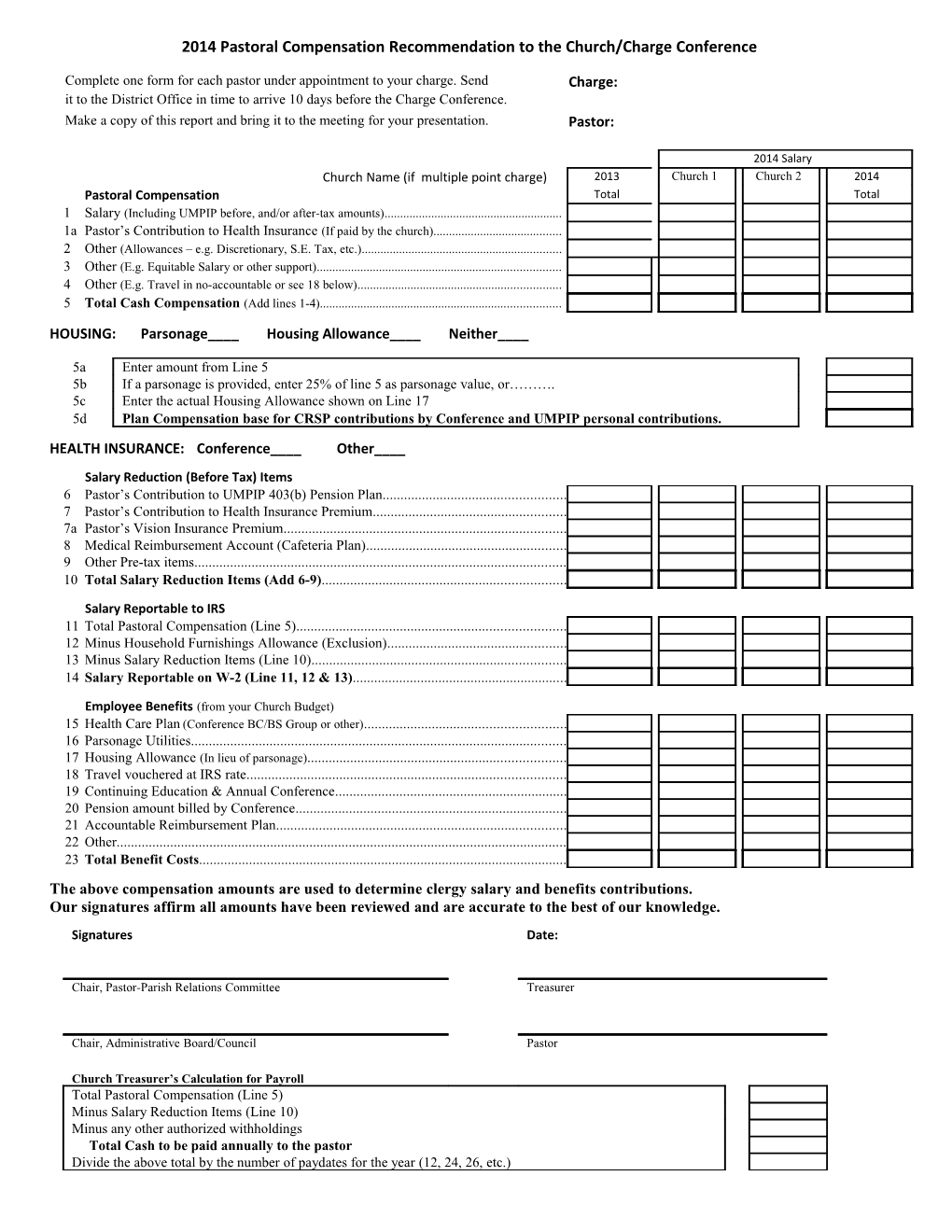 2014 Pastoral Compensation Recommendationto the Church/Charge Conference