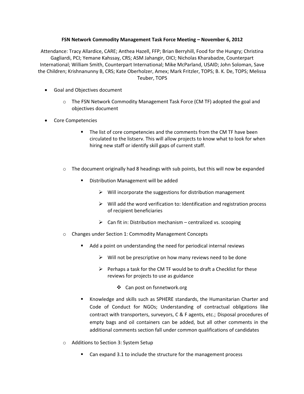 FSN Network Commodity Management Task Force Meeting November 6, 2012