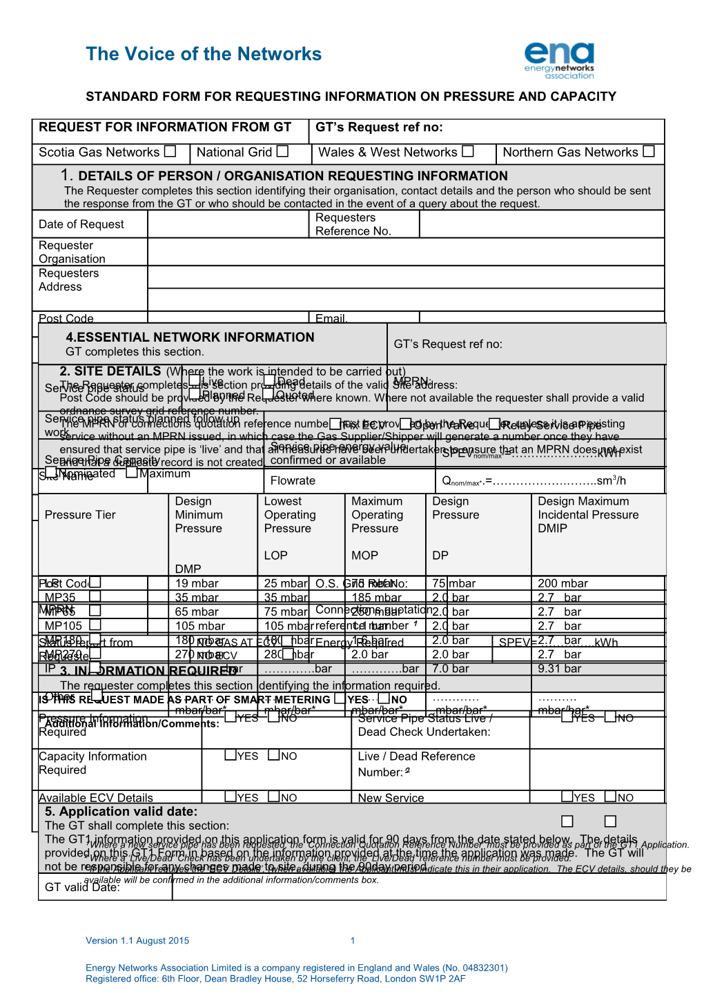 Standard Form for Requesting Information Onpressure and Capacity