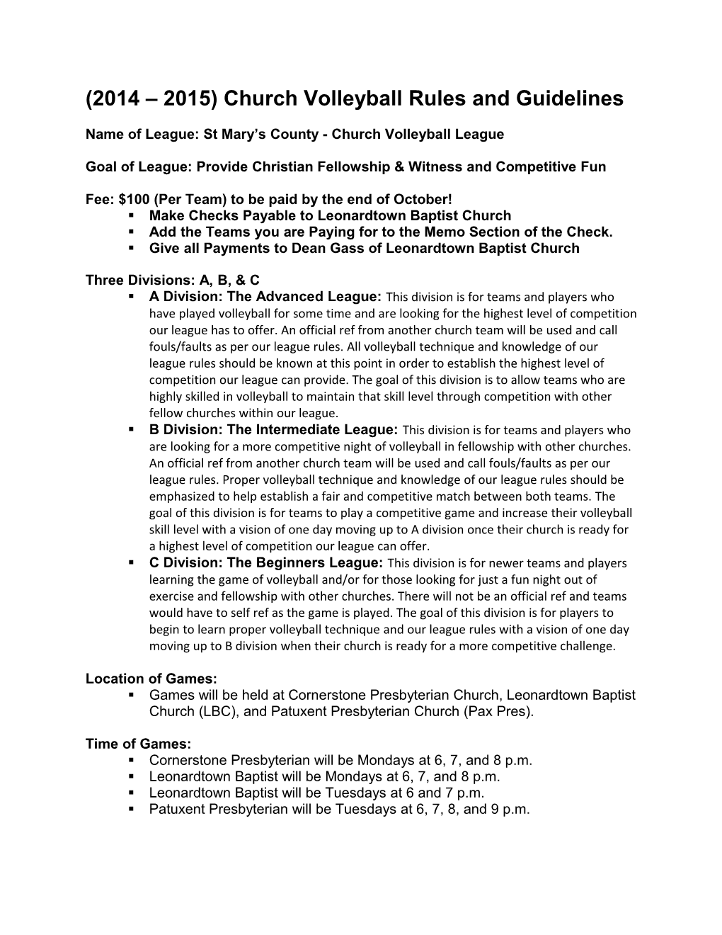 (2014 2015) Church Volleyball Rules and Guidelines