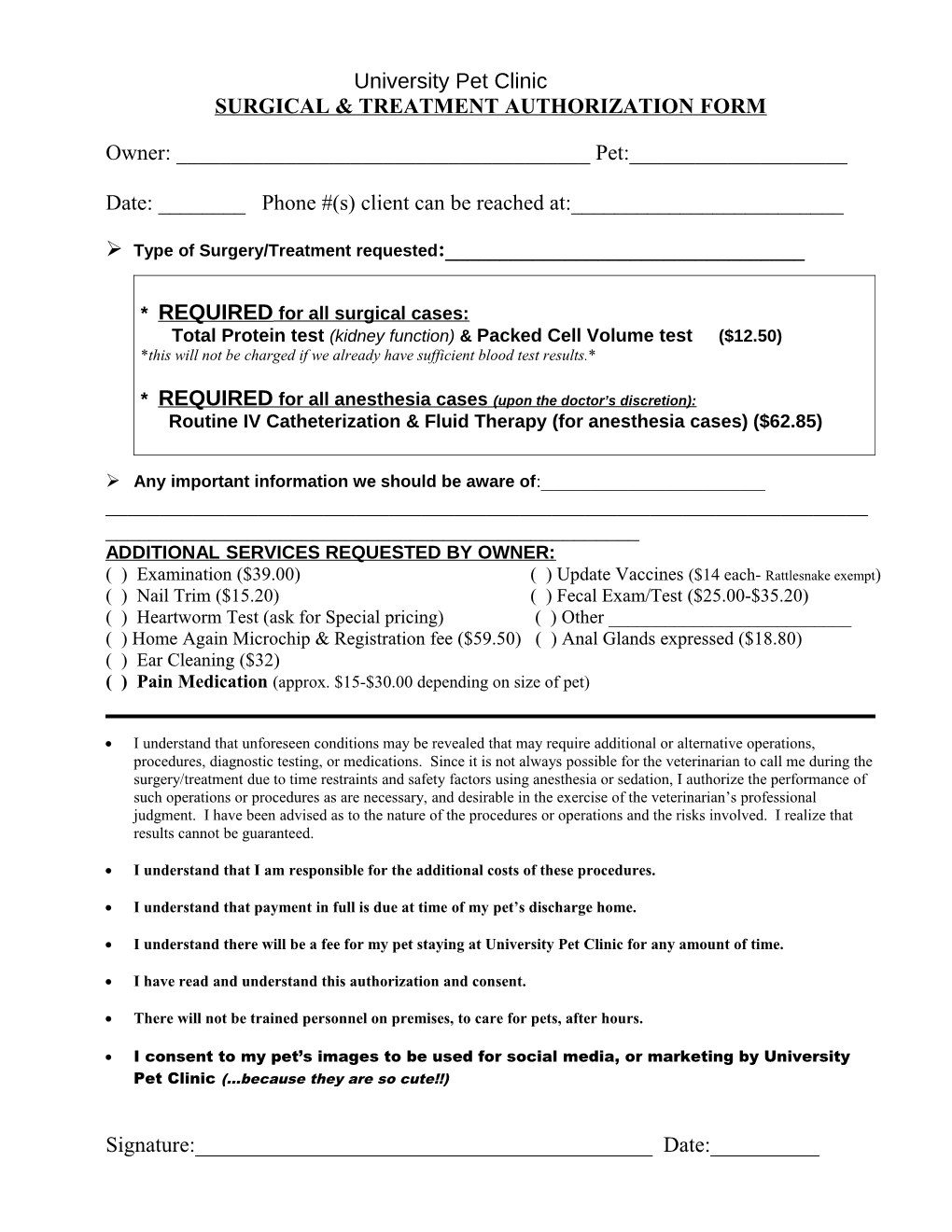 Surgical & Treatment Authorization Form