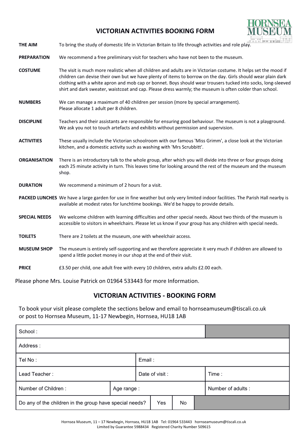 Victorian Activities Booking Form