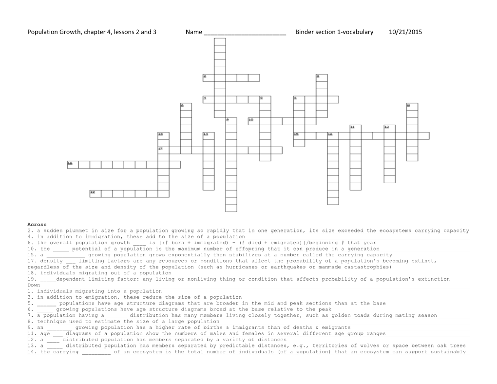 Population Growth, Chapter 4, Lessons 2 and 3 Name ______Binder Section 1-Vocabulary 10/21/2015