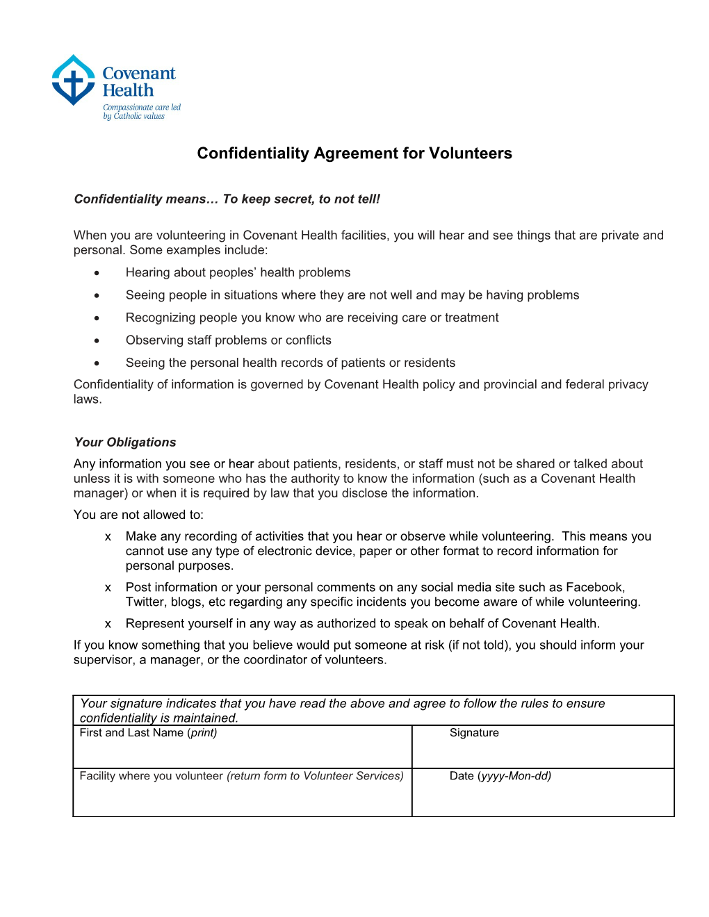 Confidentiality Agreement for Volunteers