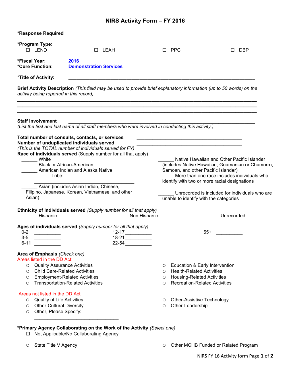 NIRS Activity Form FY 2016