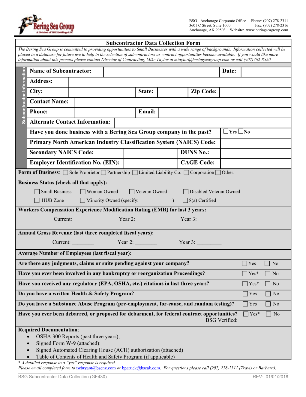Subcontractor Data Collection Form