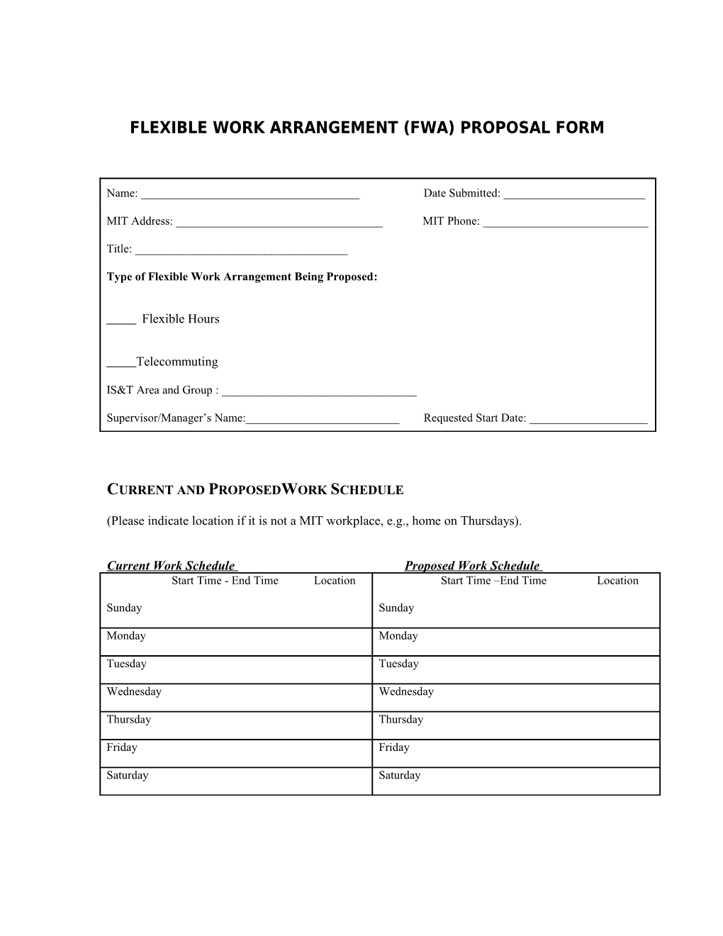 Flexible Work Arrangement (Fwa) Proposal Form