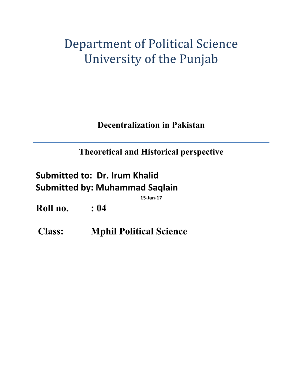 Decentralization in Pakistan