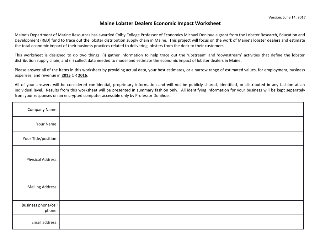 Maine Lobster Dealers Economic Impact Worksheet