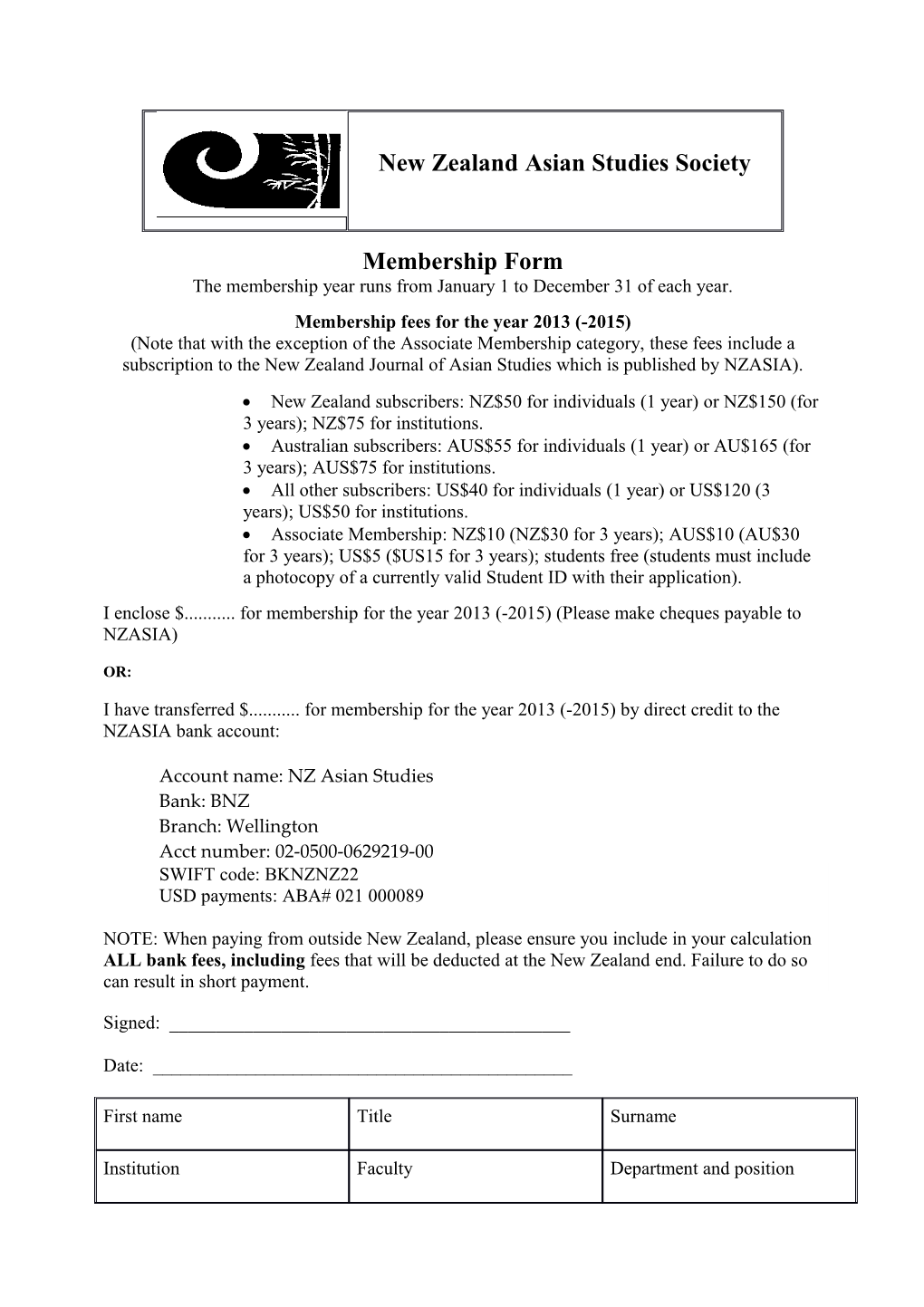 Membership Fees for the Year 2013 (-2015)