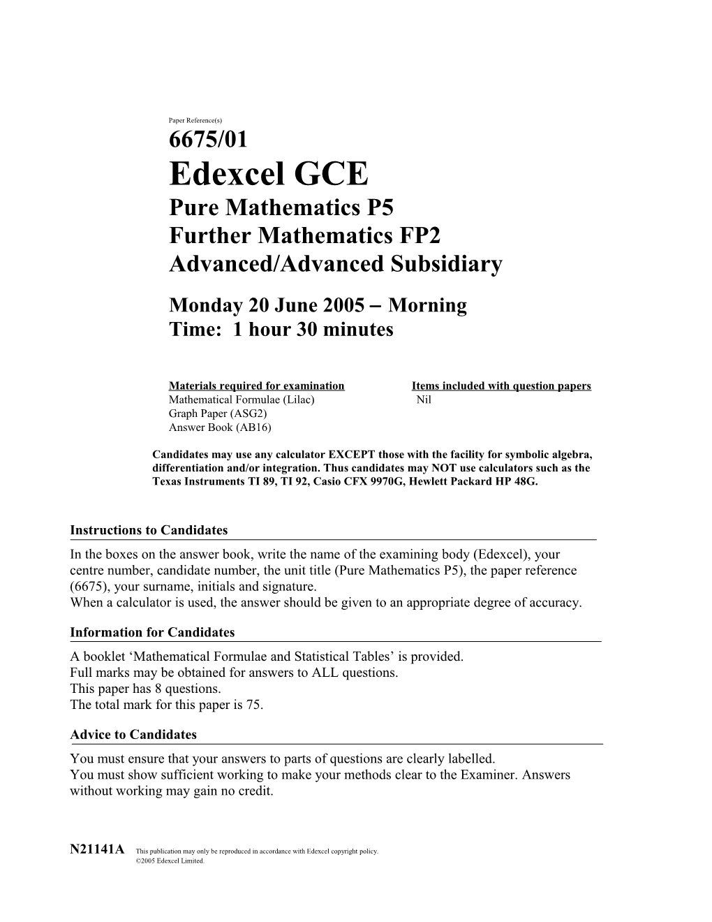 Past Paper - 6675 Pure P5 and Further Pure FP2 June 2005