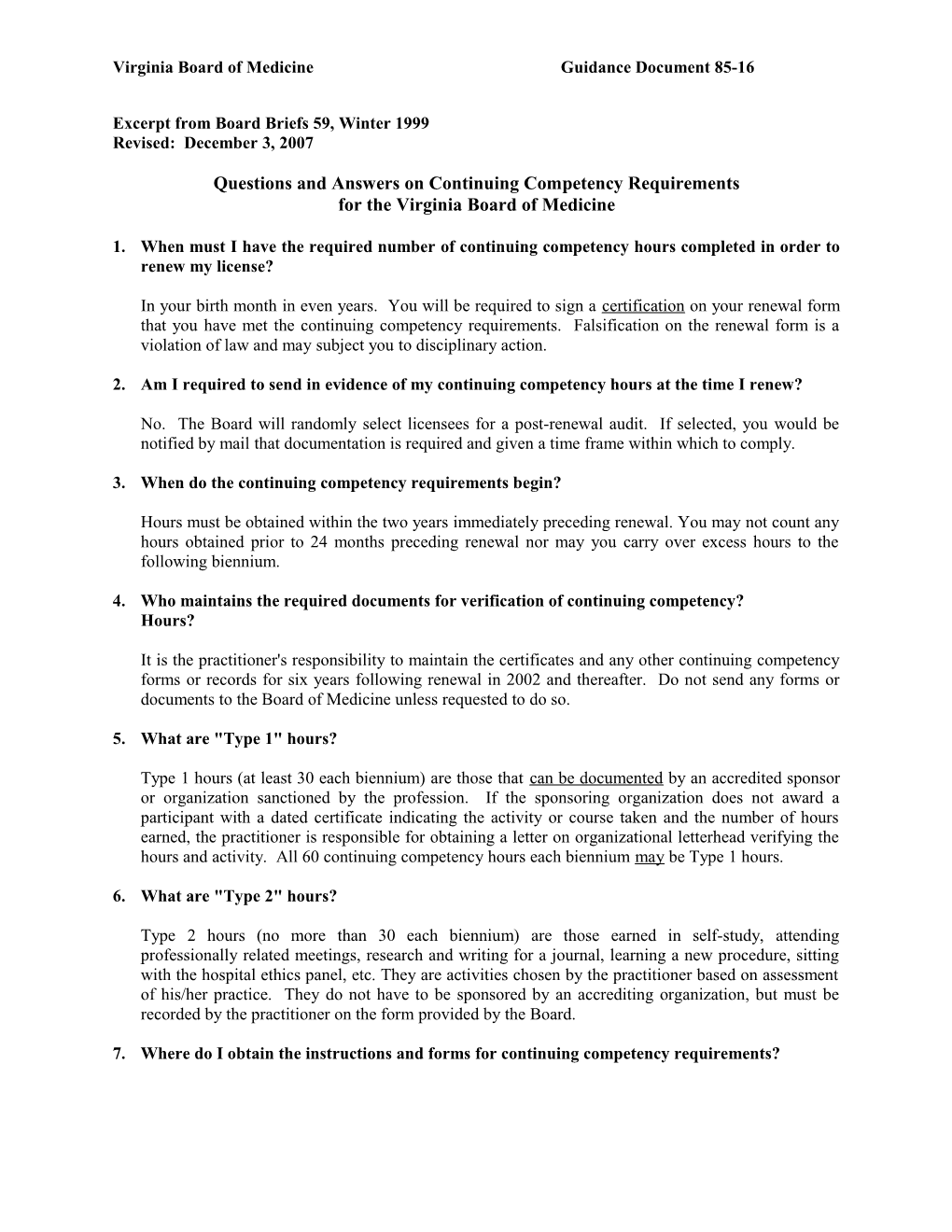 Virginia Board of Medicine Guidance Document 85-16, Questions and Answers on Continuing