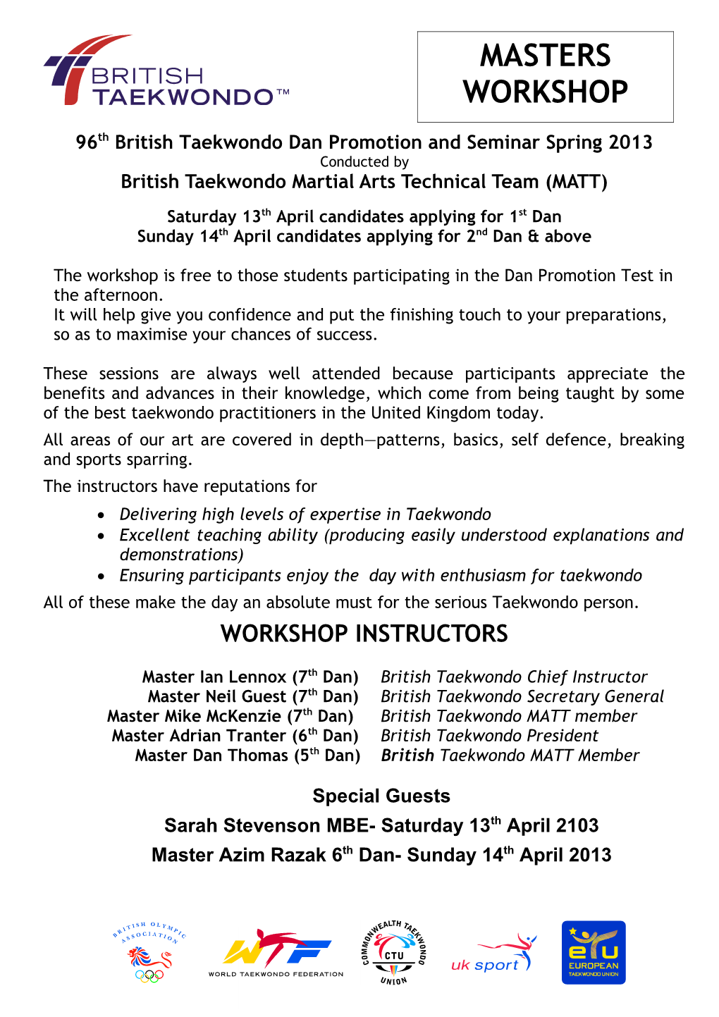 96Th British Taekwondodan Promotion and Seminar Spring 2013