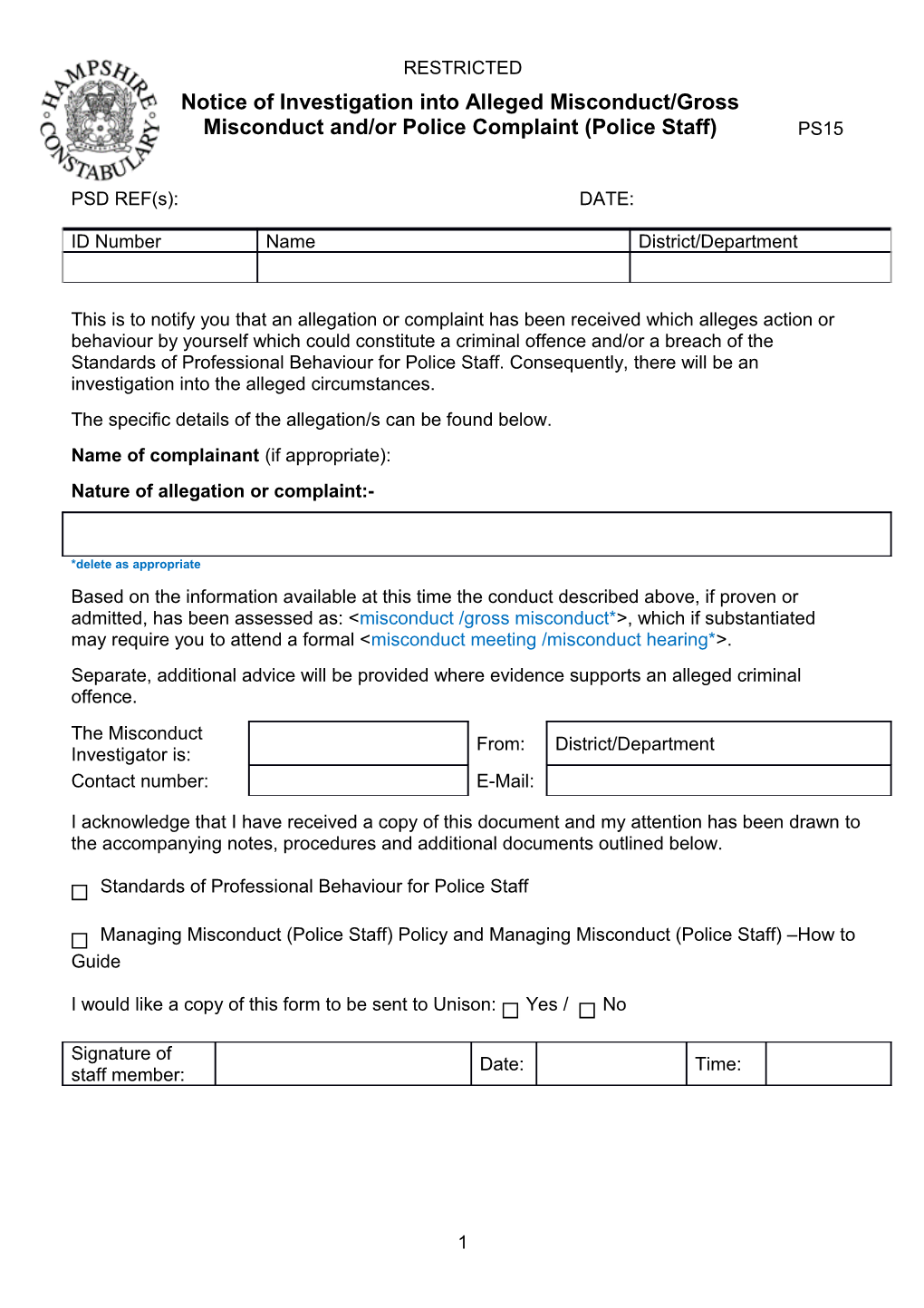 Notice of Investigation Into Alleged Misconduct/Gross Misconduct And/Or Police Complaint