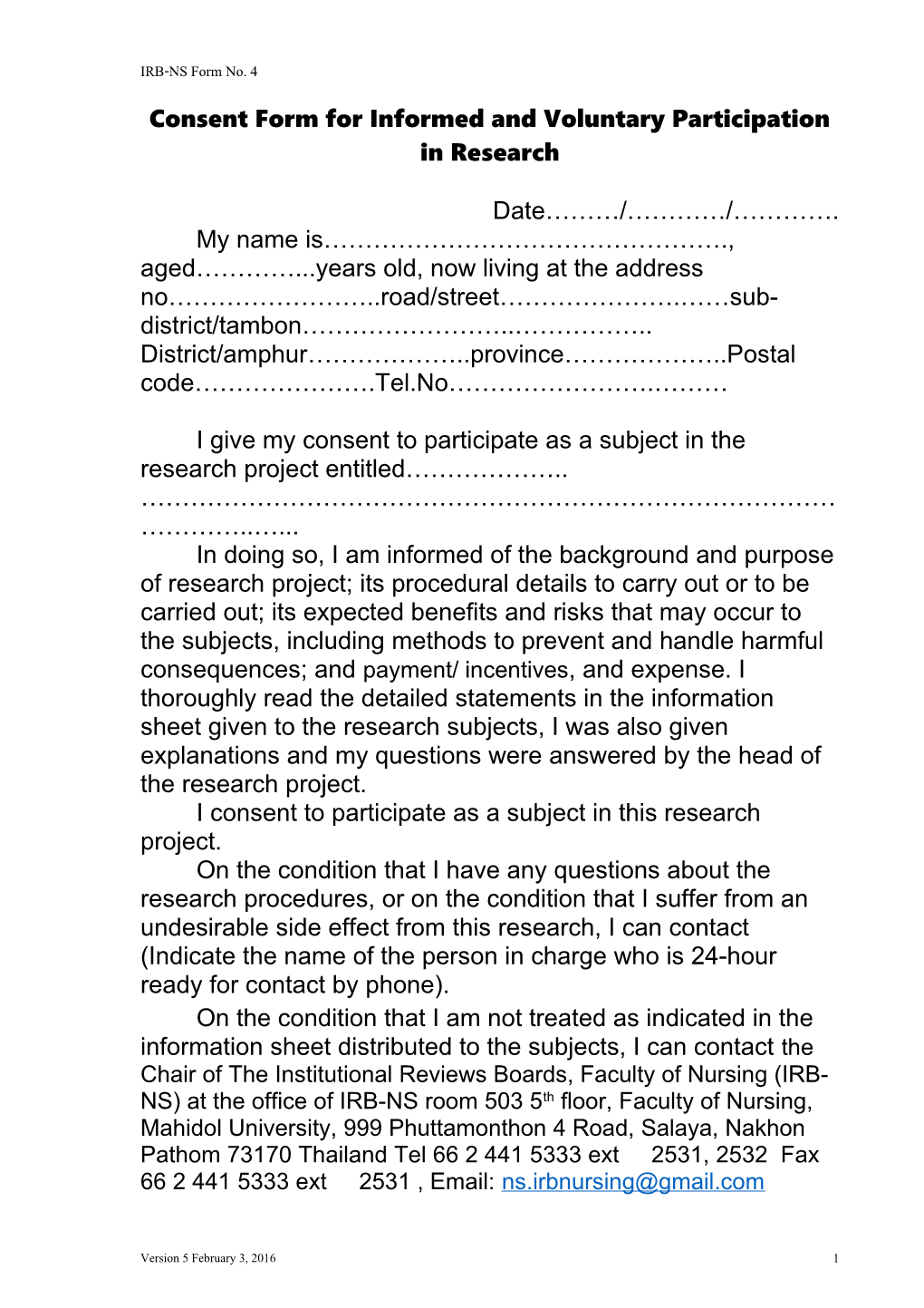 Consent Form for Informed and Voluntary Participation in Research