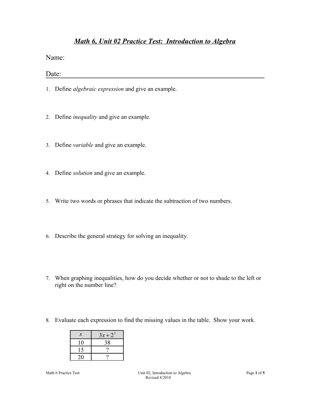 Math 6, Unit 02 Practice Test: Introduction to Algebra