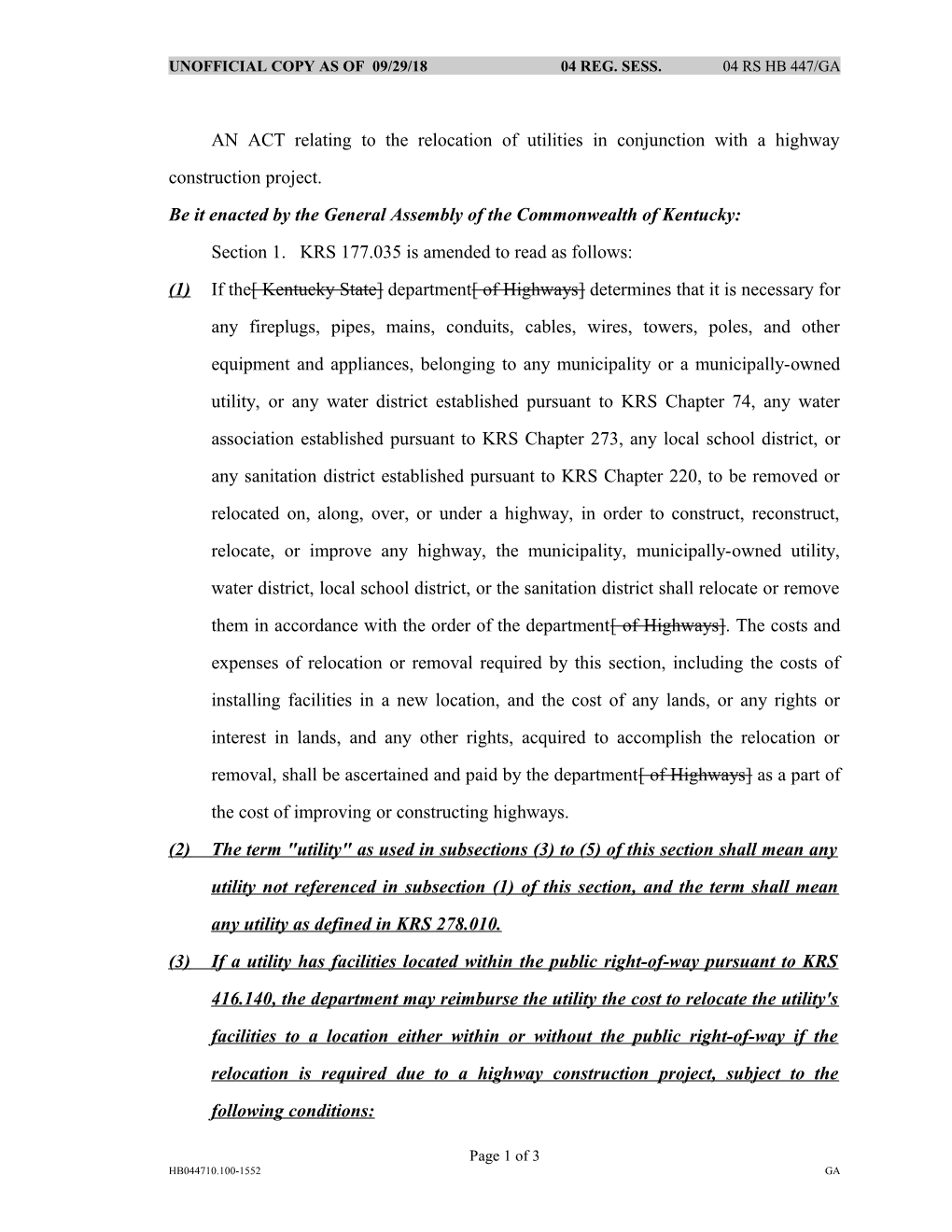 AN ACT Relating to the Relocation of Utilities in Conjunction with a Highway Construction