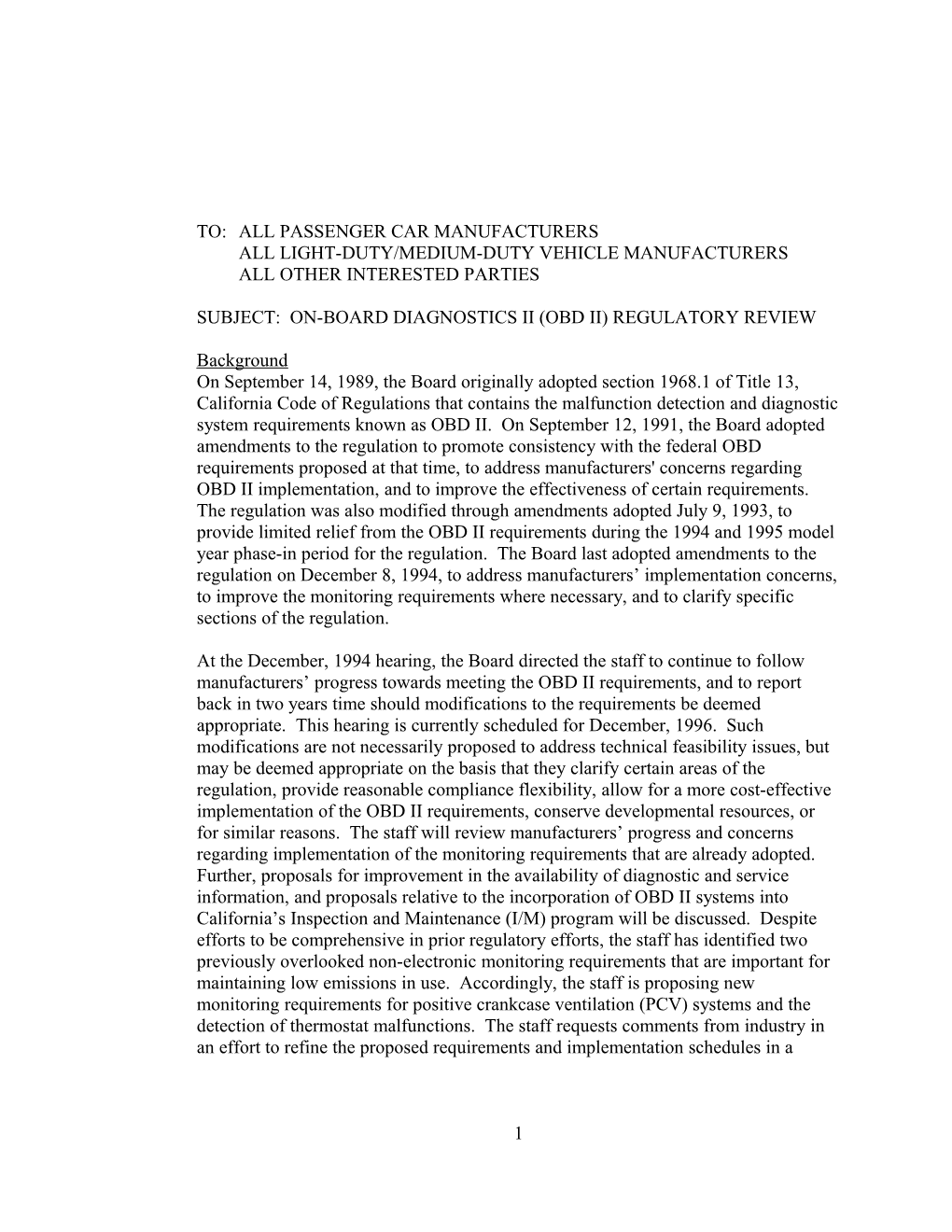 Rulemaking Informal: Workshop Notice: 1996-07-24 On-Board Diagnostics II Regulatory Review